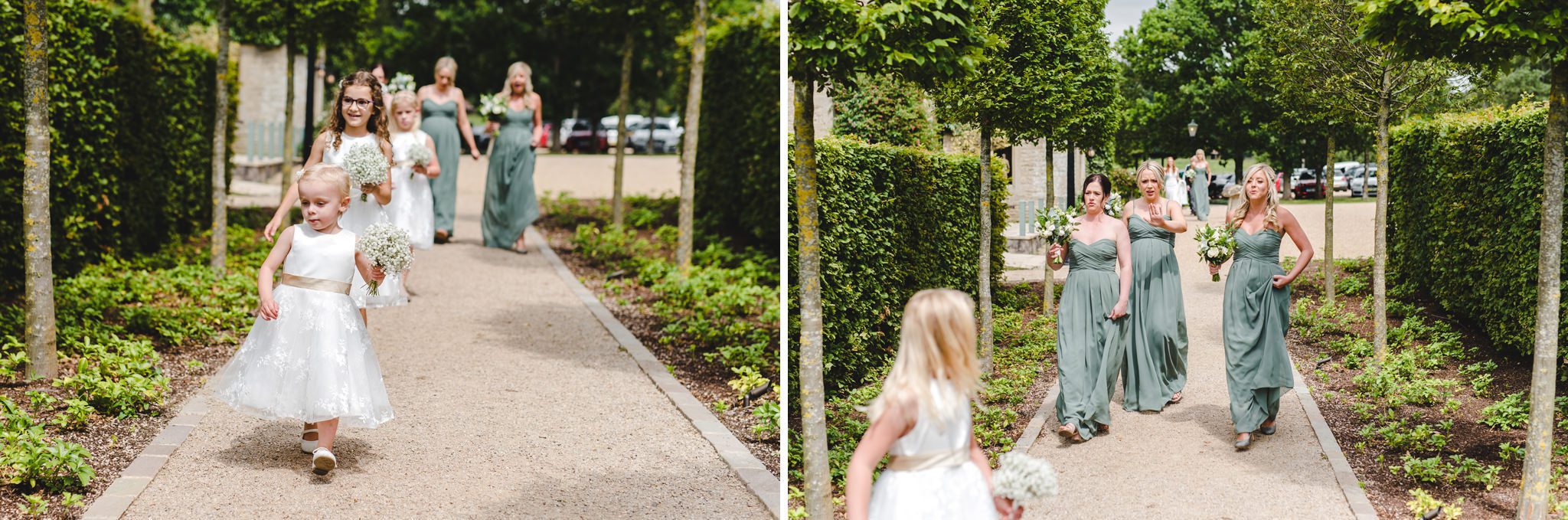 Bridesmaids and bride walking to the wedding ceremony