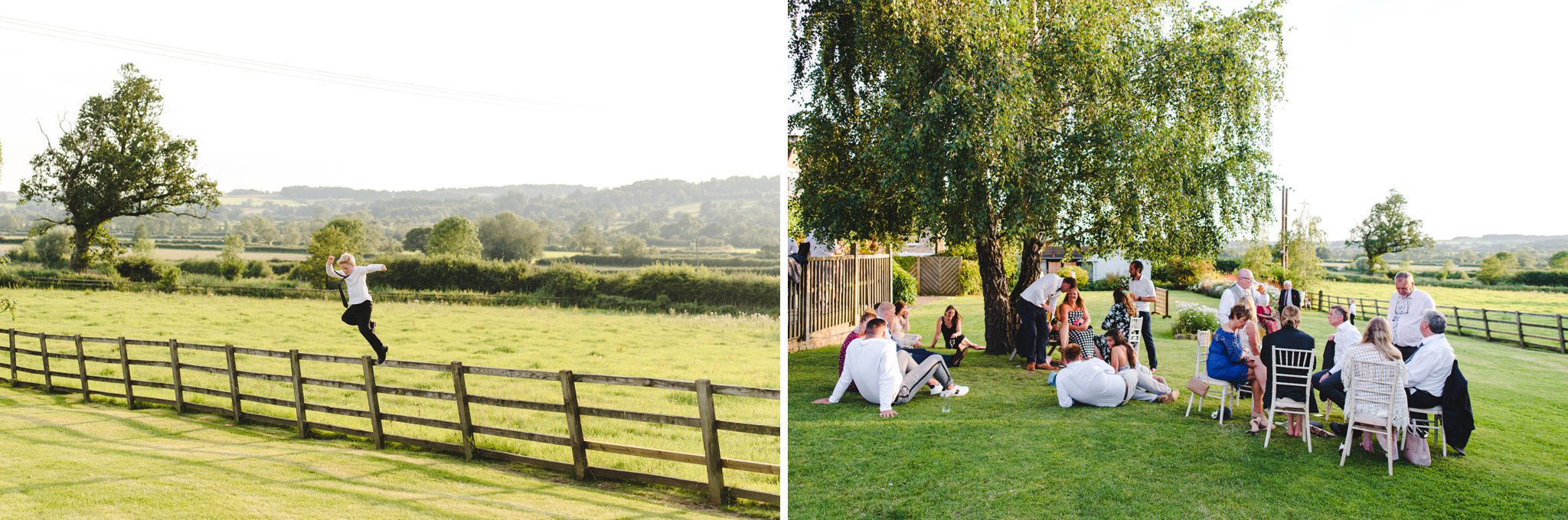 Wedding guests relaxing at Hyde House in the evening sunshine