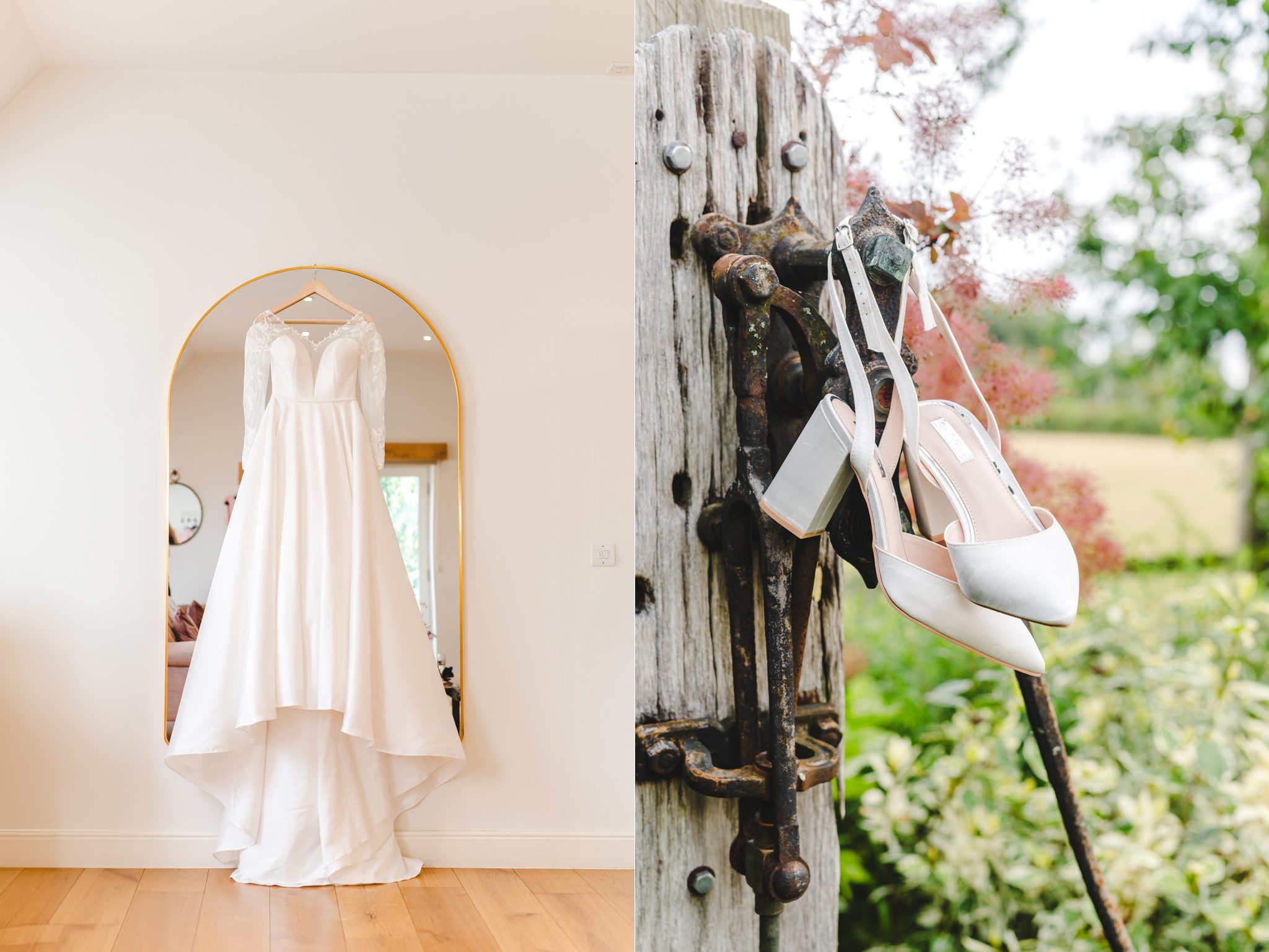 Dress and shoes hanging up in thebridalsuite at Hyde House