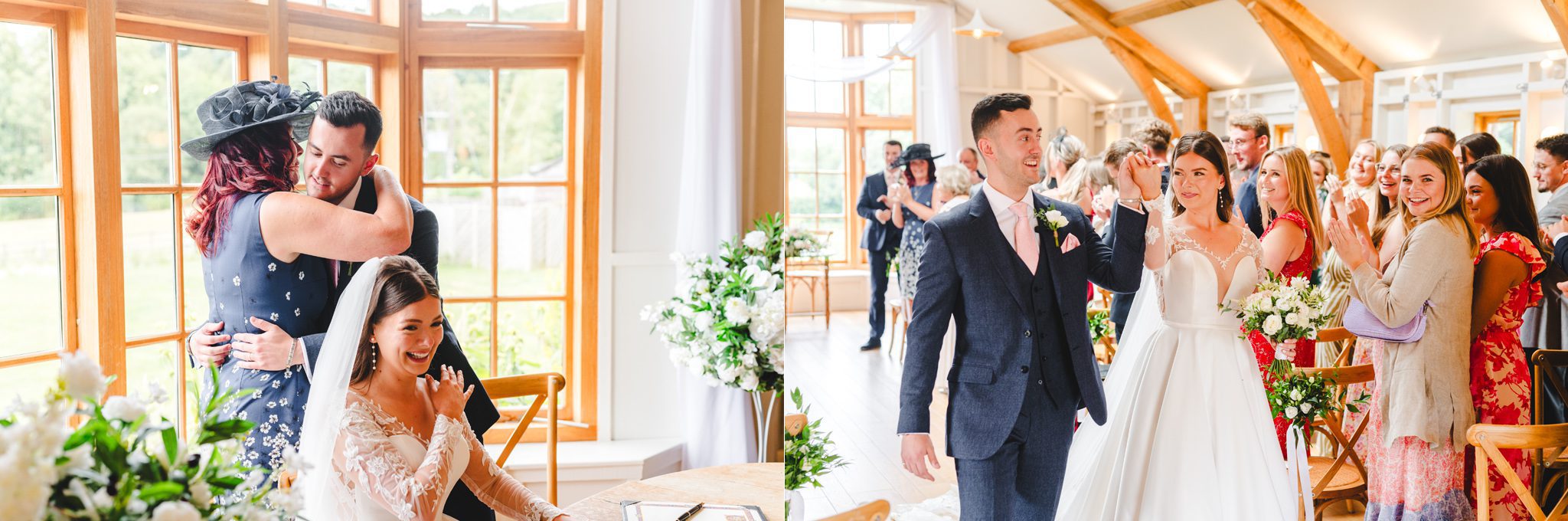 A bride and groom leaving their wedding ceremony