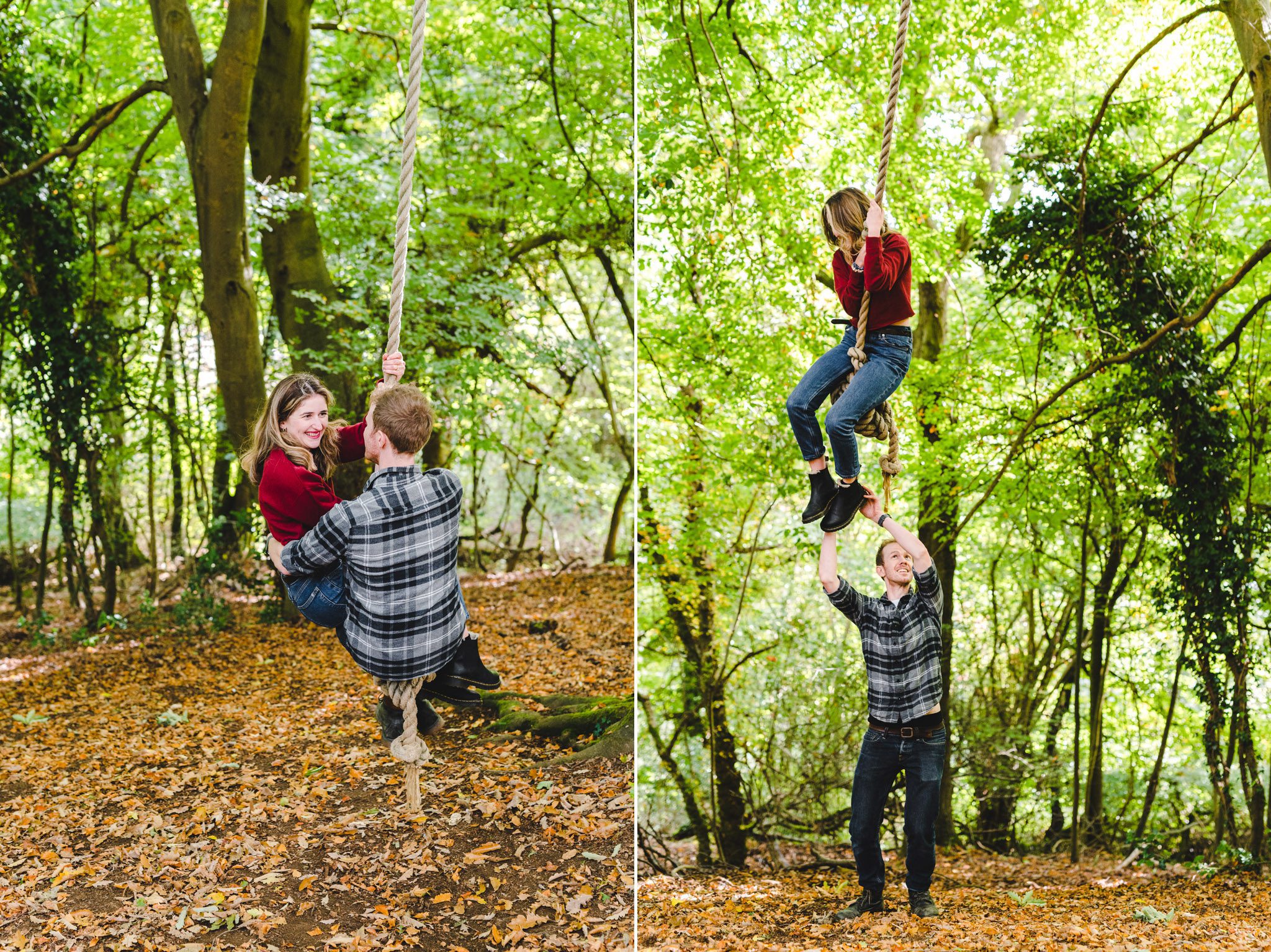 A couple on a rope swing in Rodborough