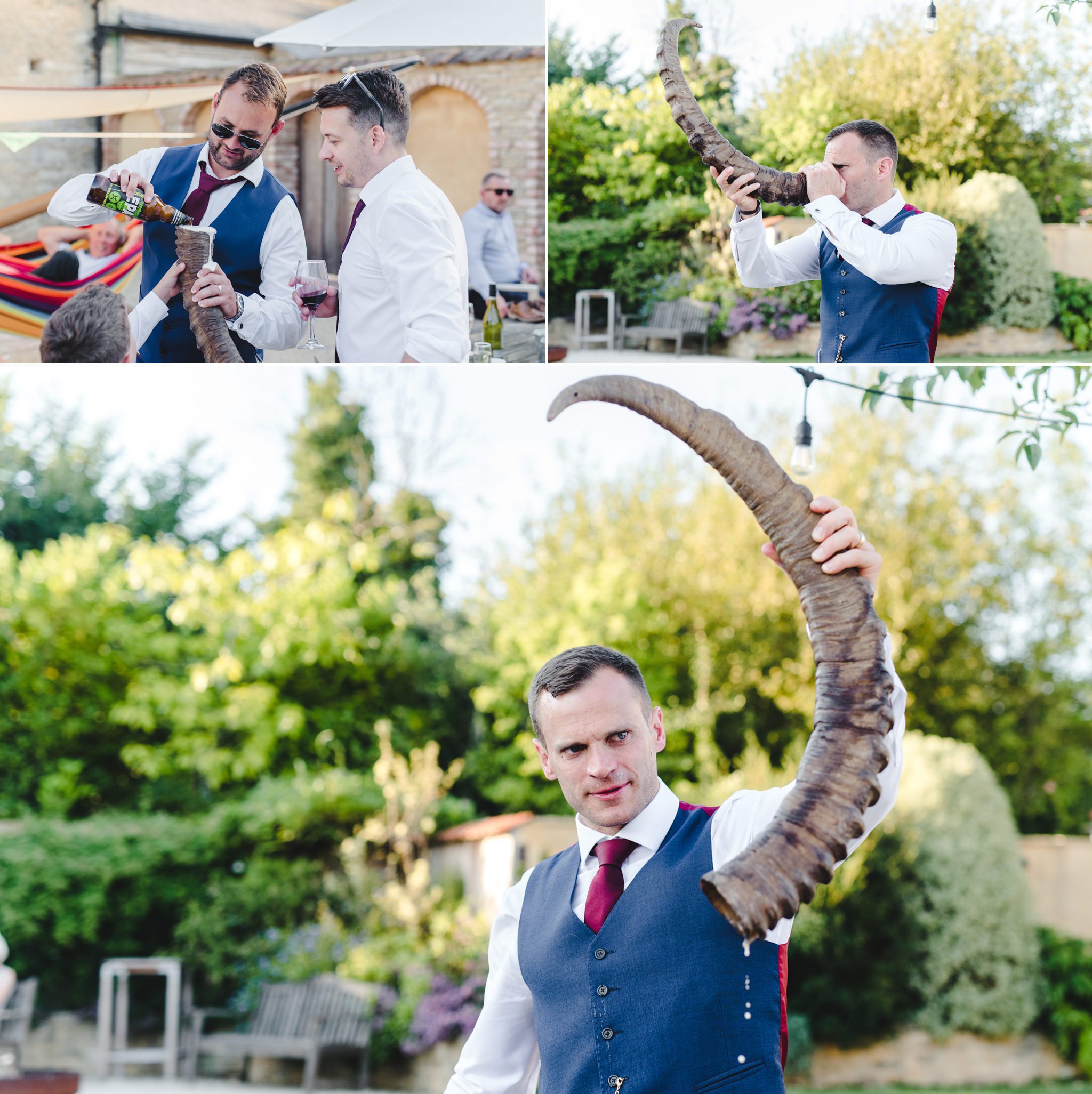 The groom at his weding drinking from a rams horn