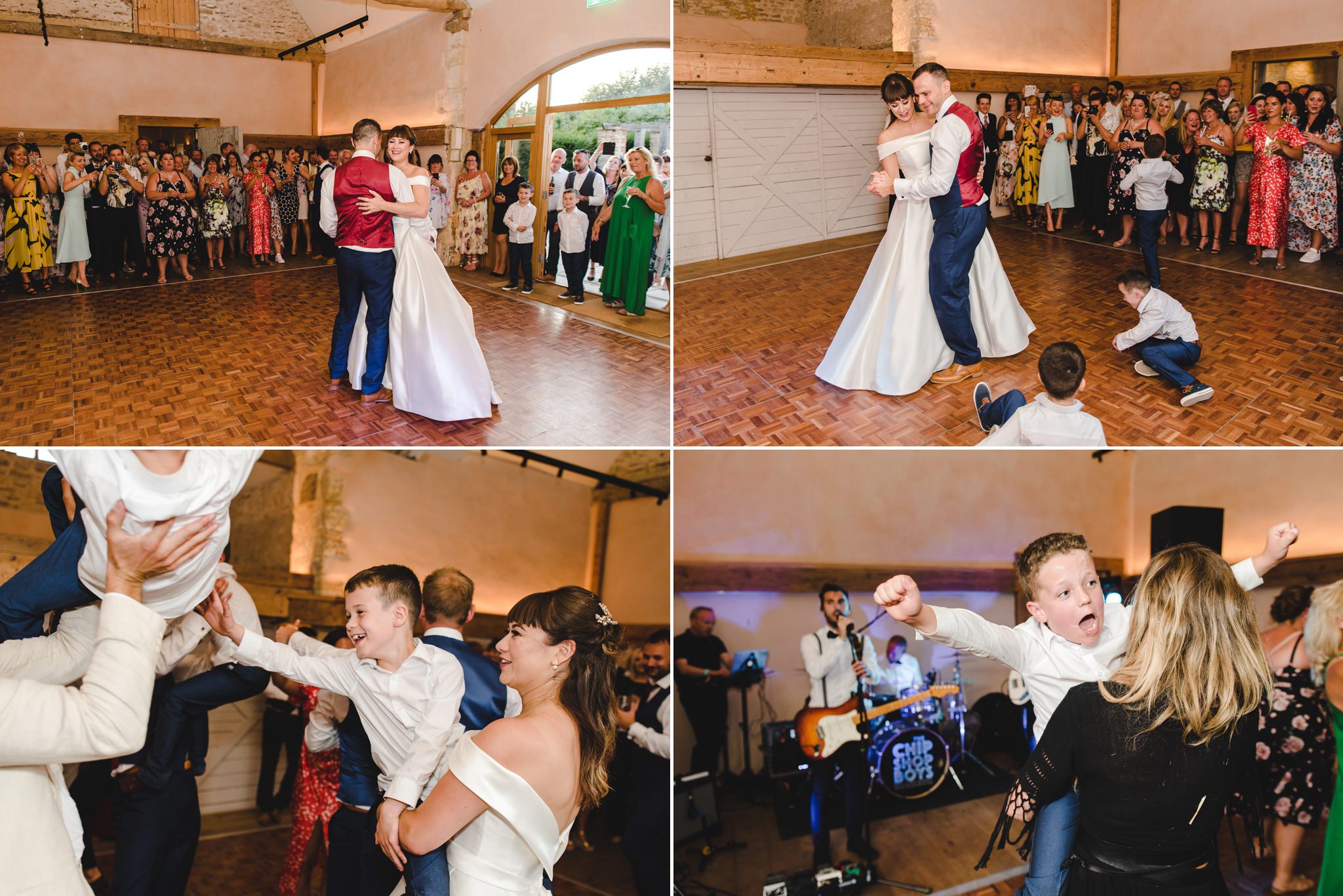 Wedding guests dancing at Oxleaze Barn