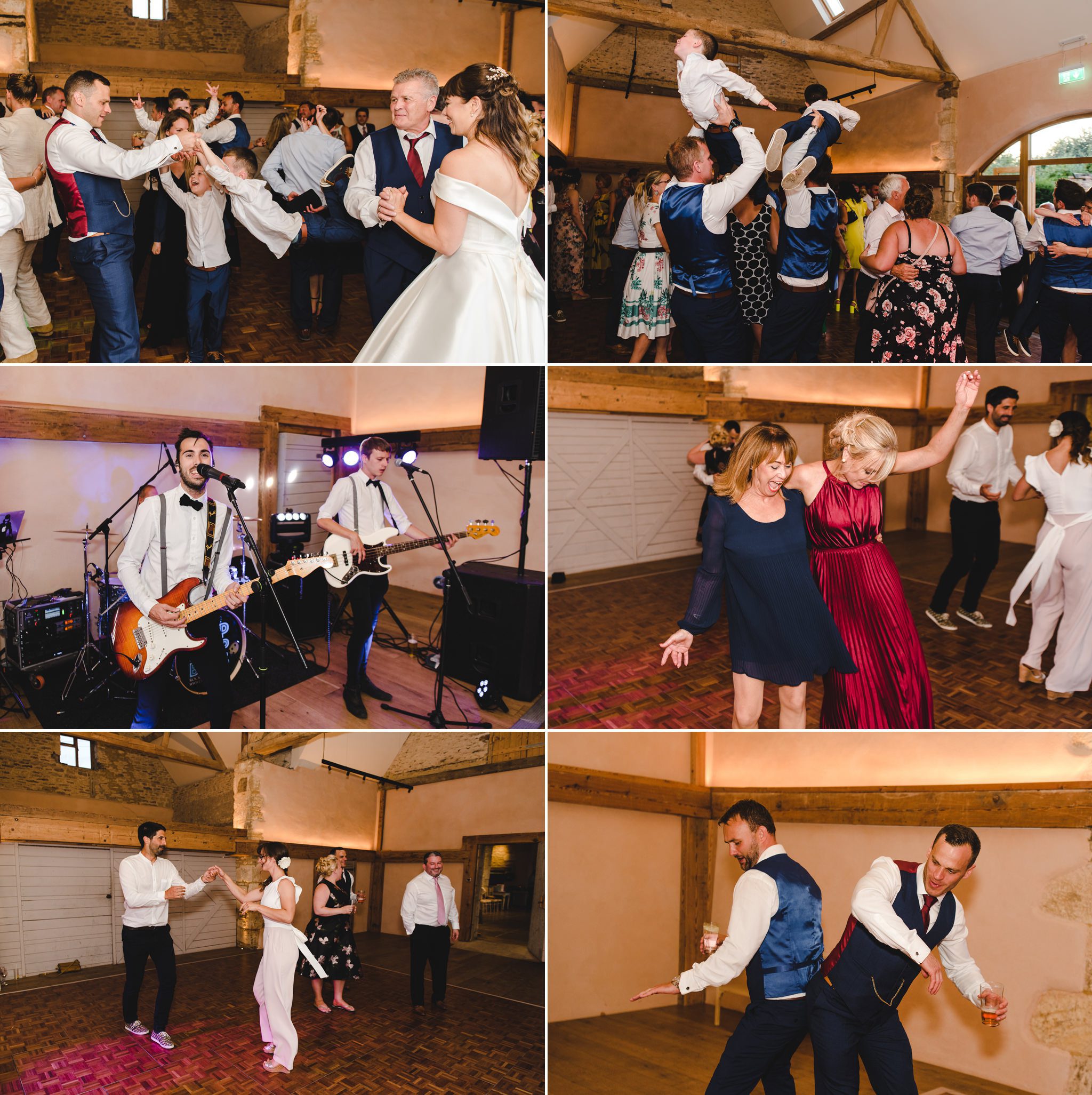 Wedding guests dancing at Oxleaze Barn