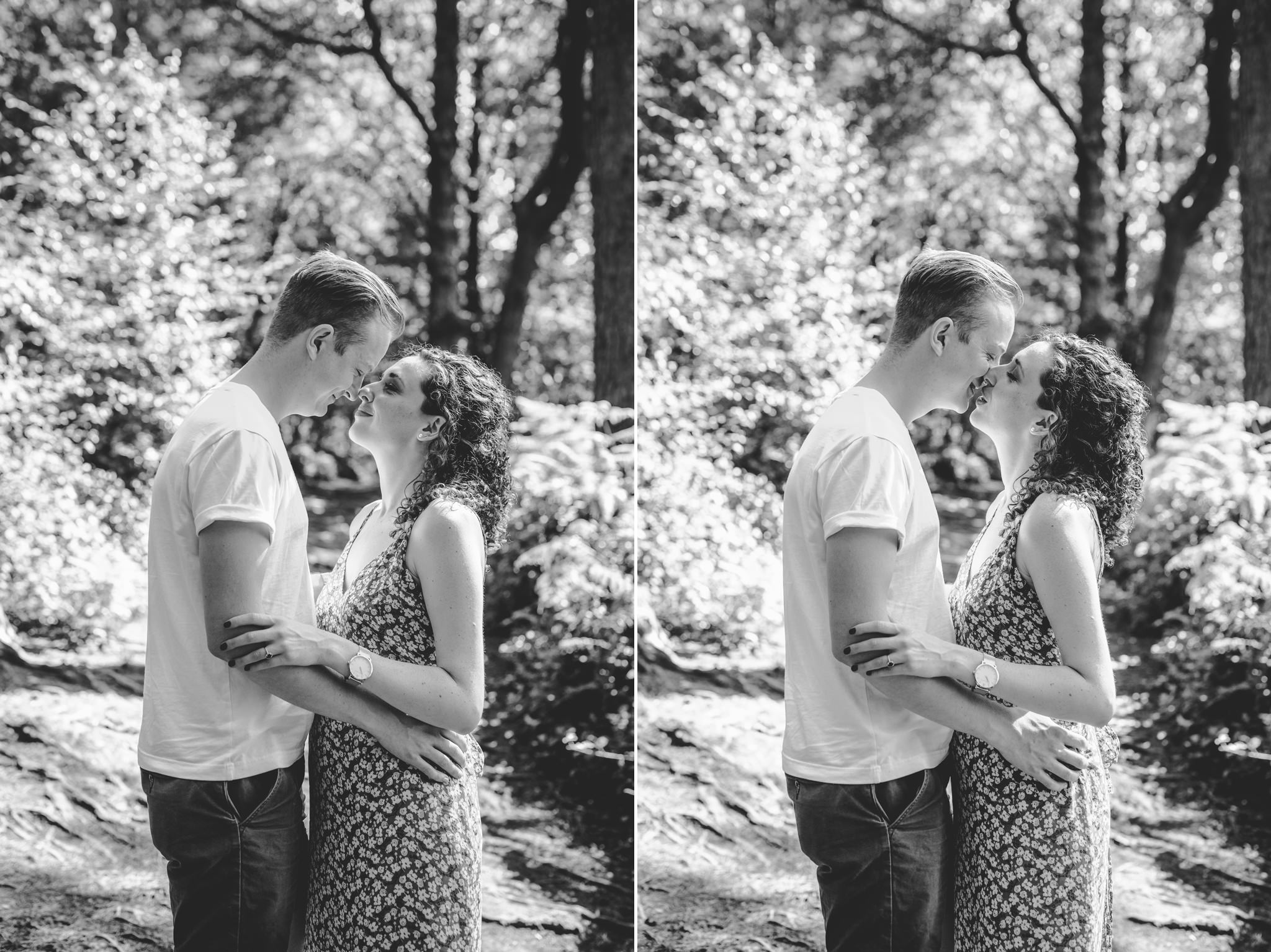 Two black and white images of a couple on their surrey engagement shoot