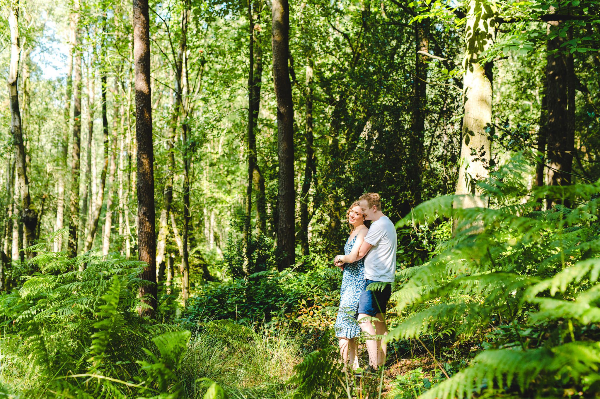 A couple on their engagement shoot on Leith Hill