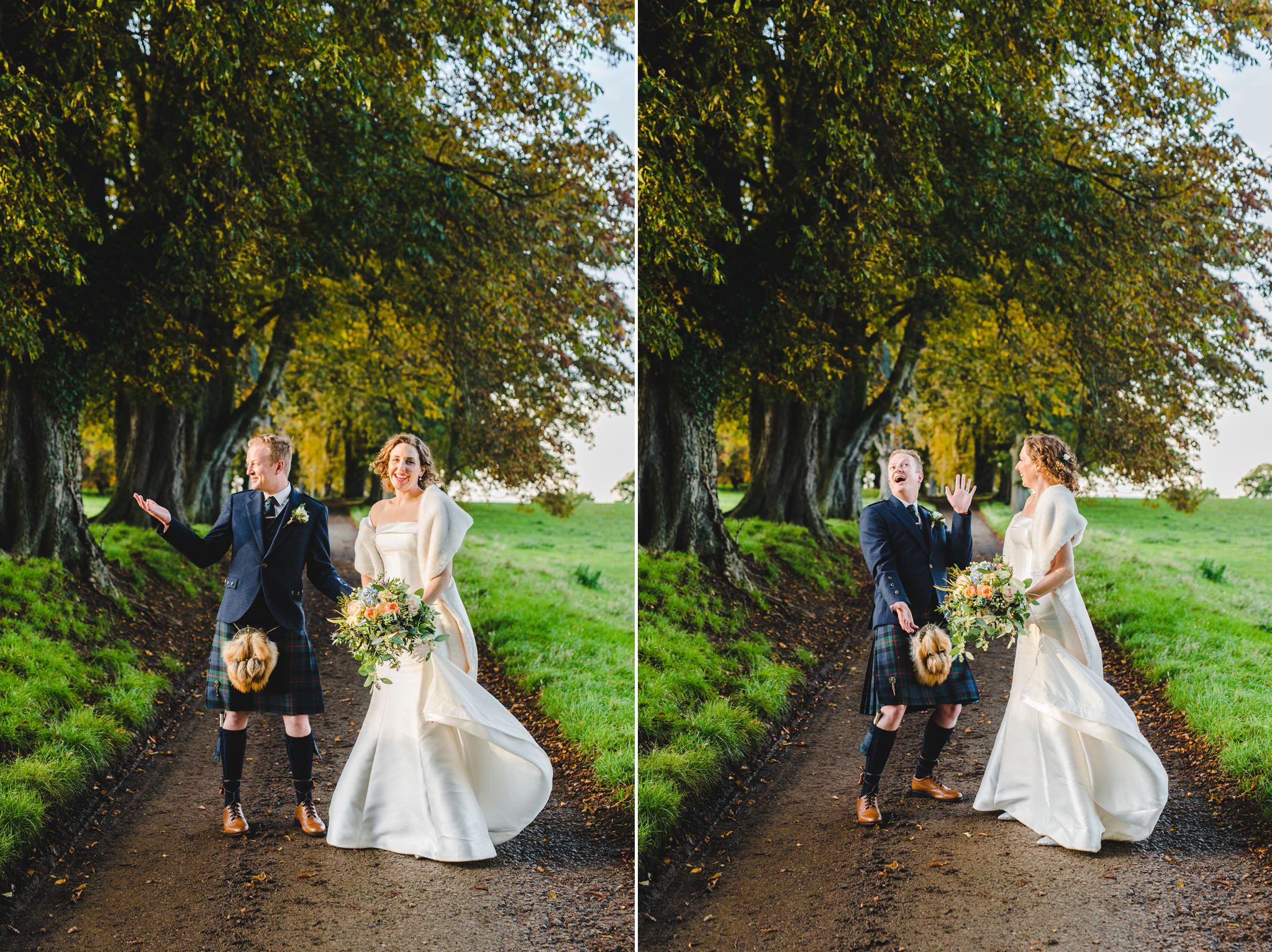 An excited groom and his bride on the tree-lined driveway at Mickleton Hills Wedding Venue