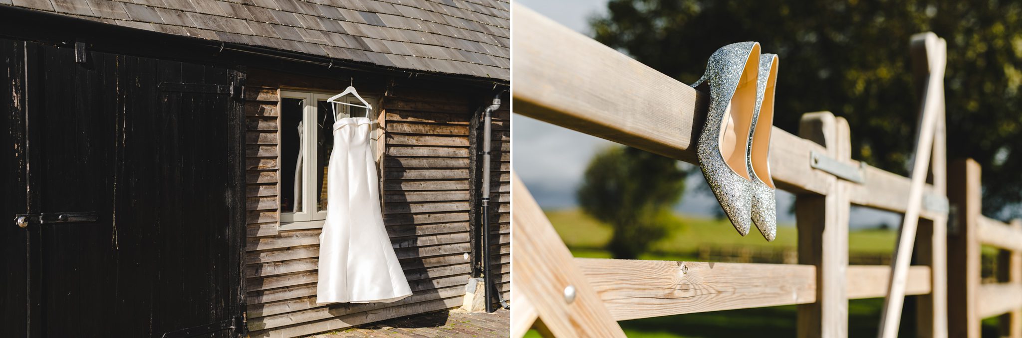 A dress and shoes hanging outside the bridal room at Mickleton Hills