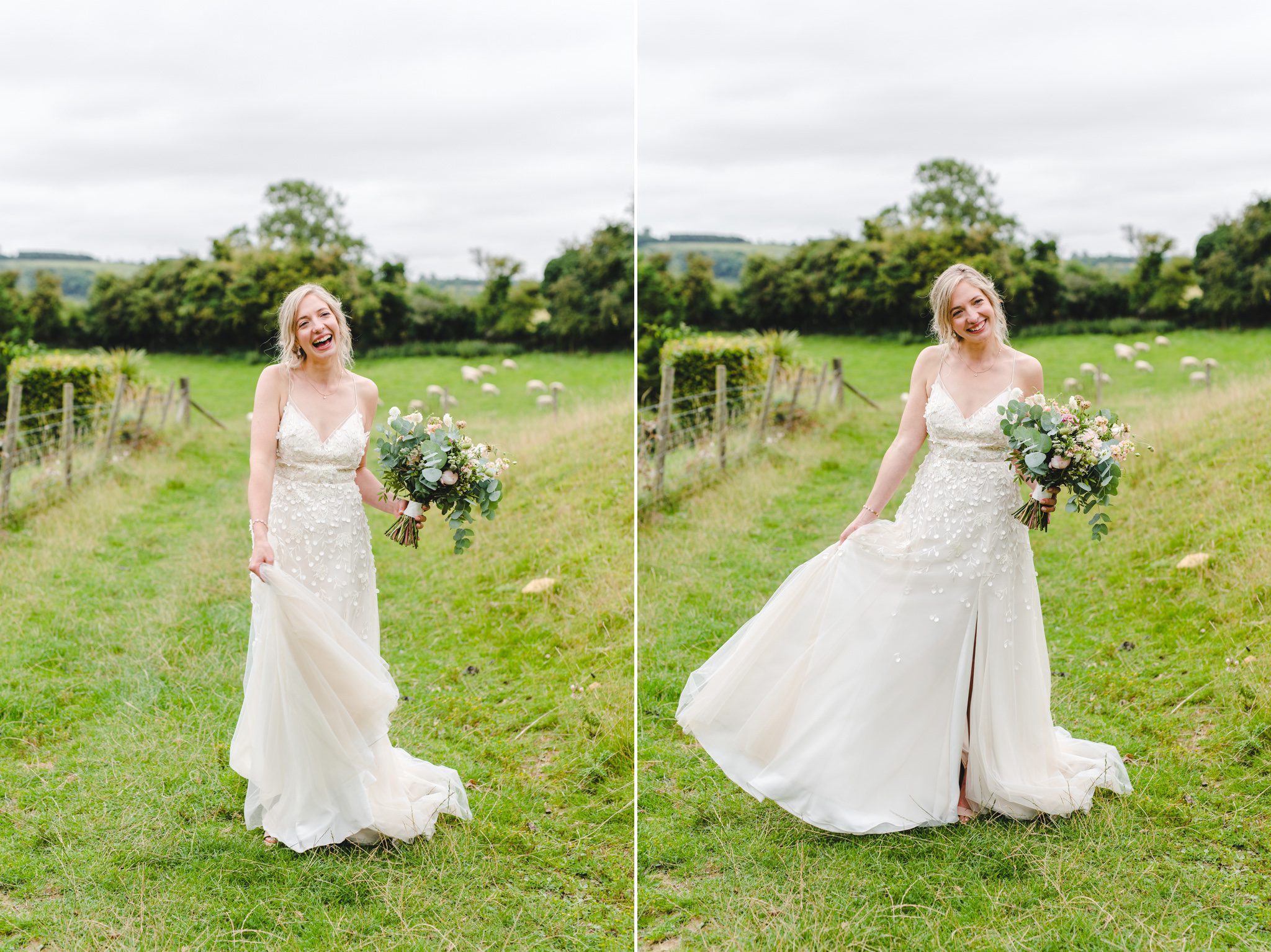 A bride in her dress in The Cotswolds at Upcote Barn
