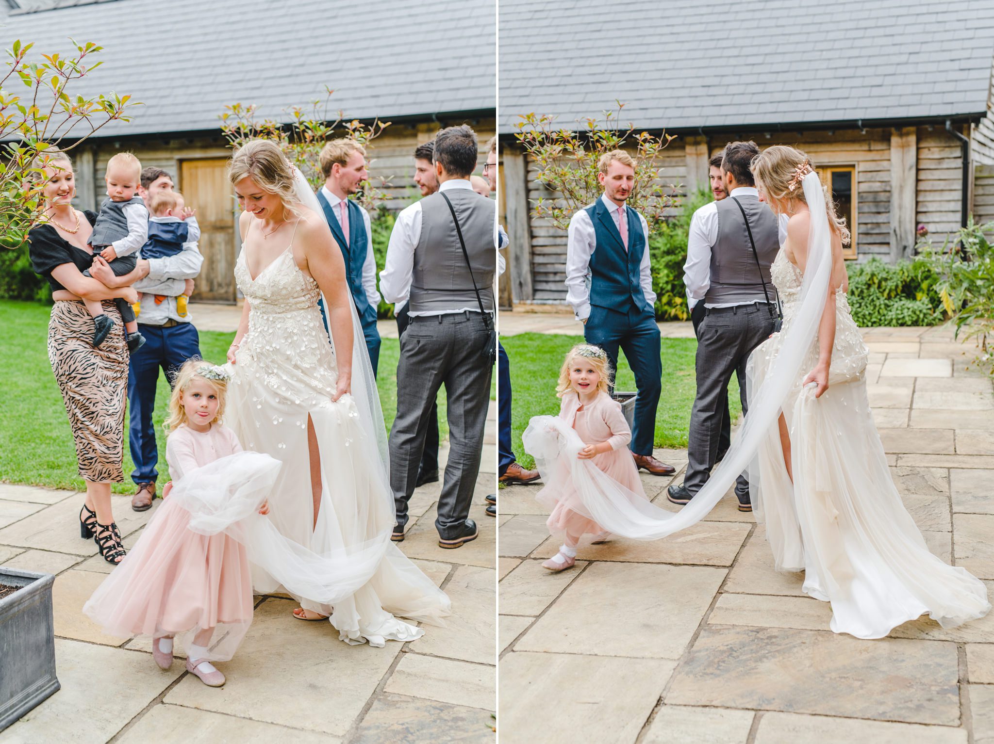 A bridesmaid playing with the brides dress