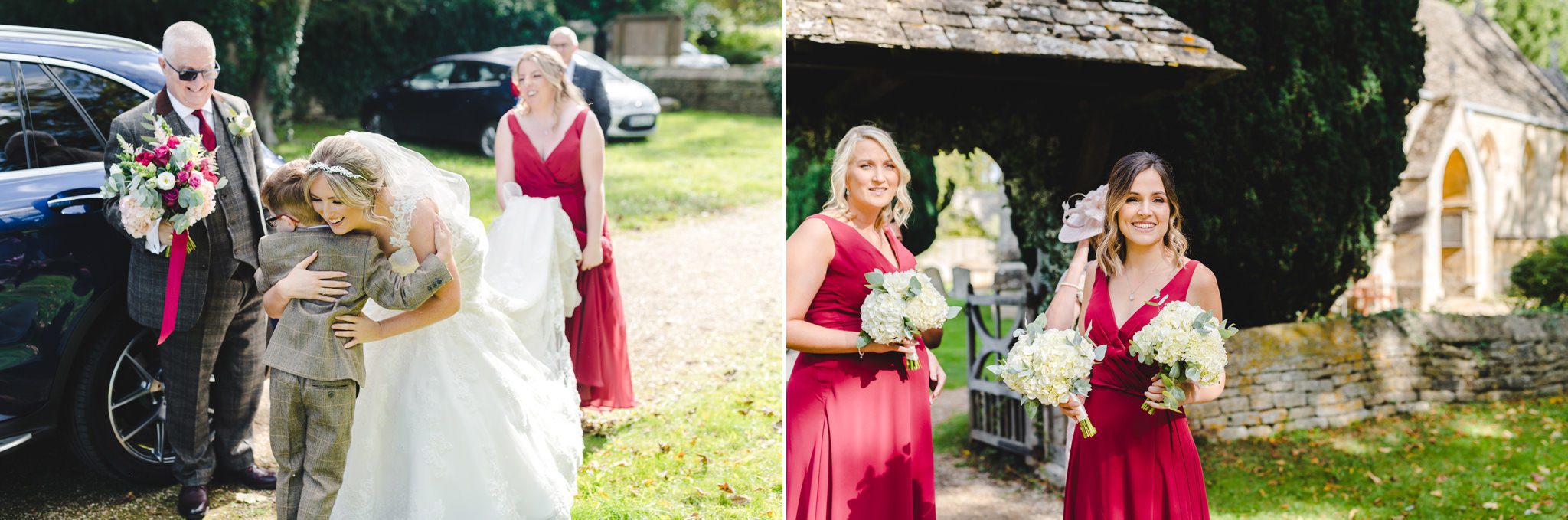 Bride arriving athe the church in Lower Slaughter
