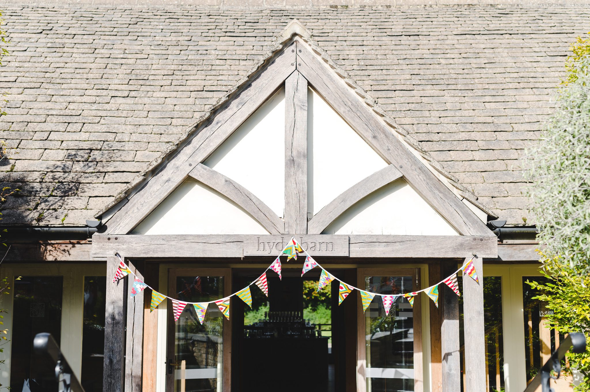 The front entrance to Hyde House with bunting