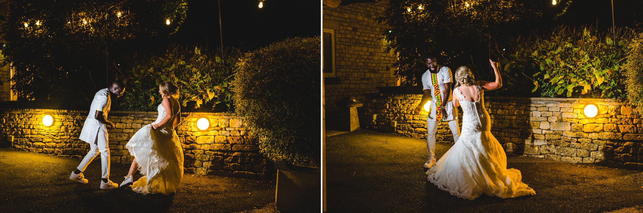 Outdoor nighttime couple portraits at Hyde House in the Cotswolds