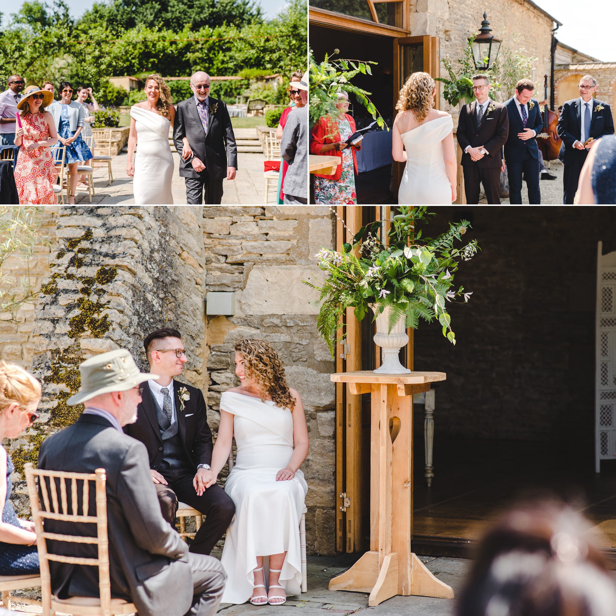 Bride walking down the aisle at an Oxleaze Barn Wedding