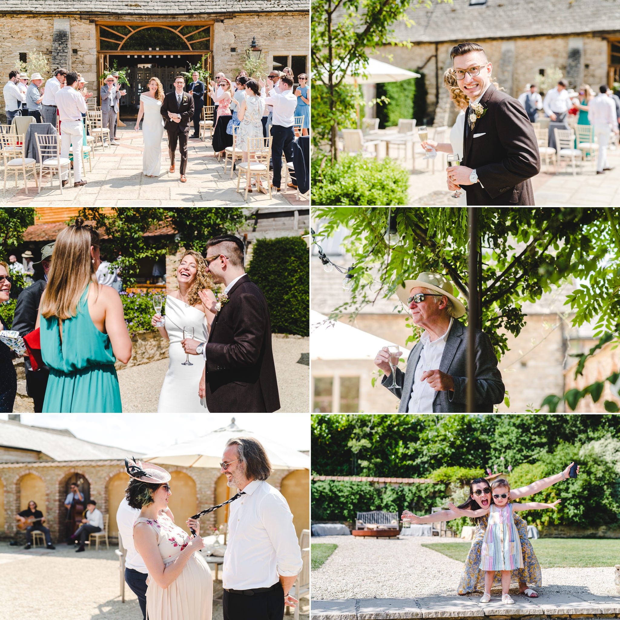 A couple walking back down the aisle at Oxleaze Barn