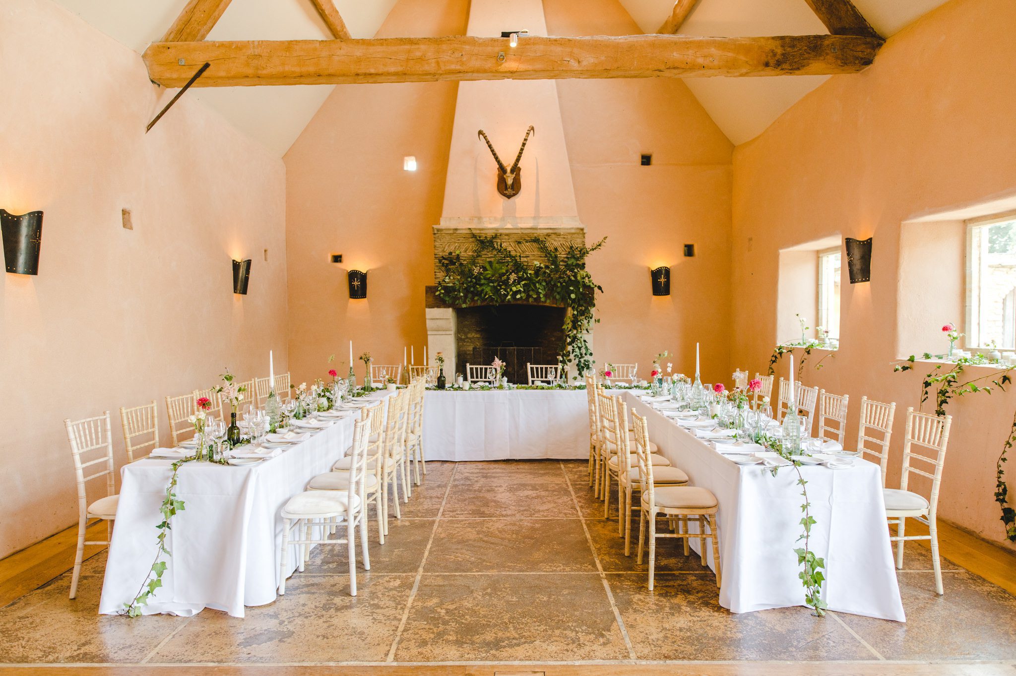 Oxleaze Barn set up for a wedding breakfast