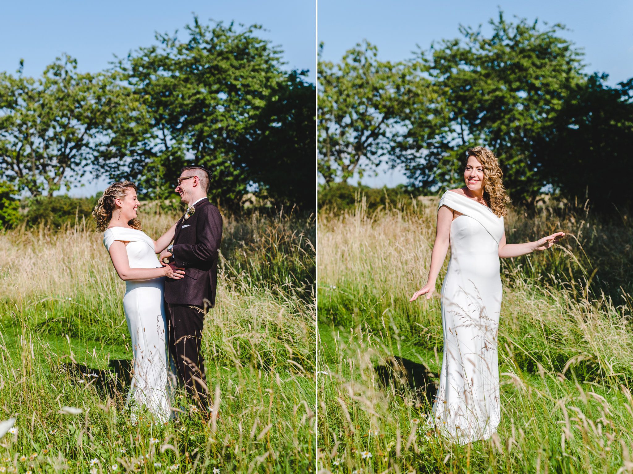 A couple standing in a field on their wedding day