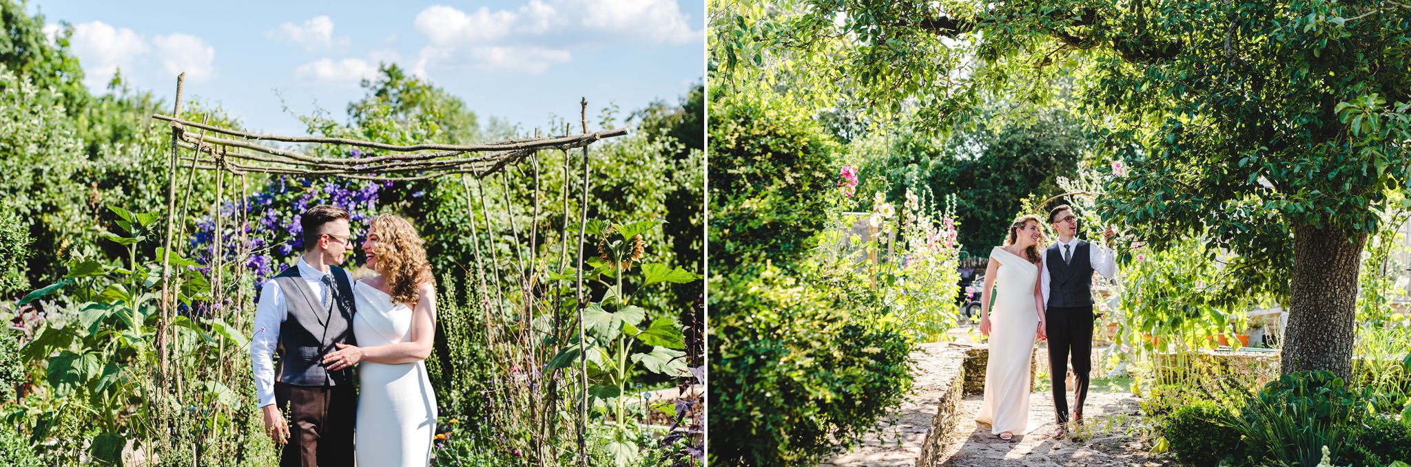 Pregnant bride walking through the gardens at Oxleaze Barn