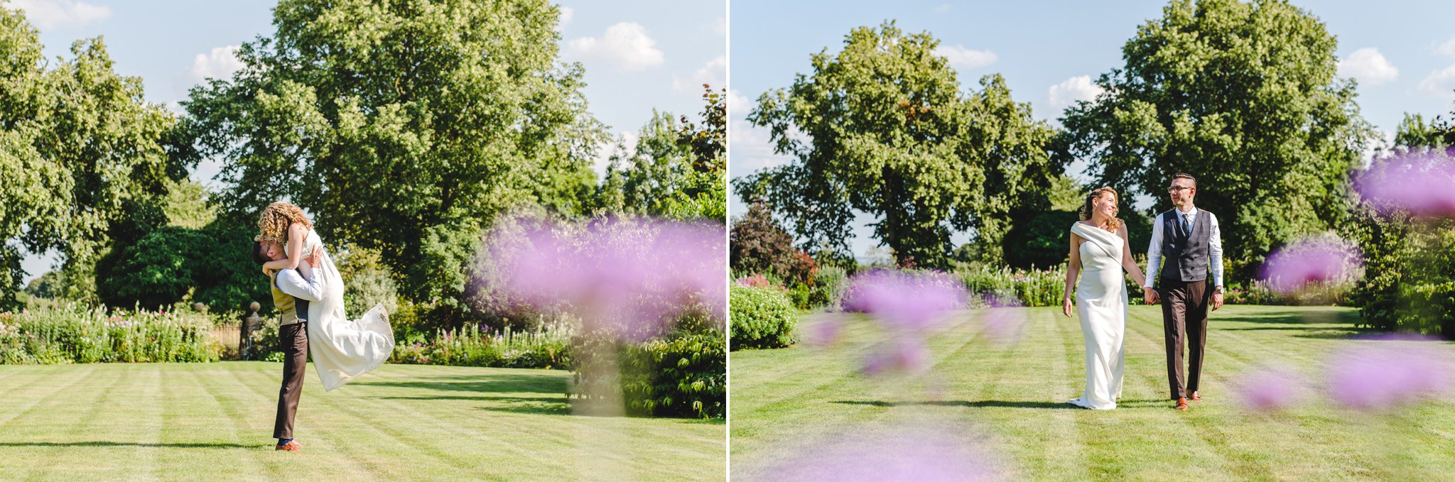 A bride and groom in the private gardens at Oxleaze Barn