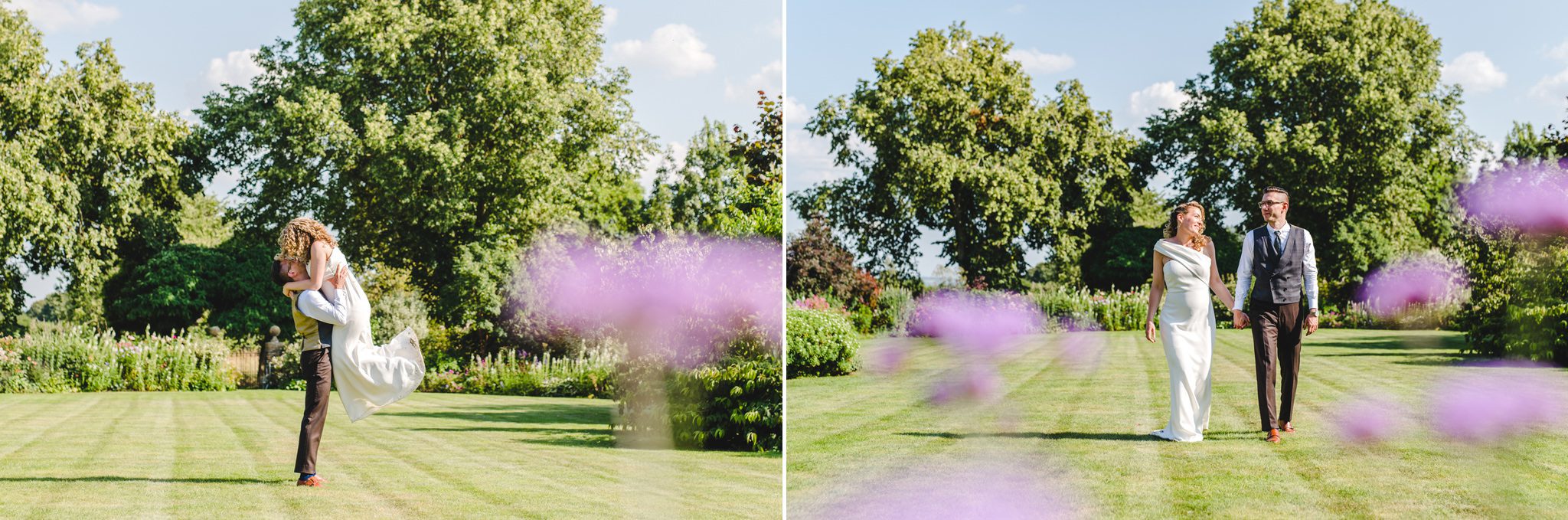 A bride and groom in the private gardens at Oxleaze Barn