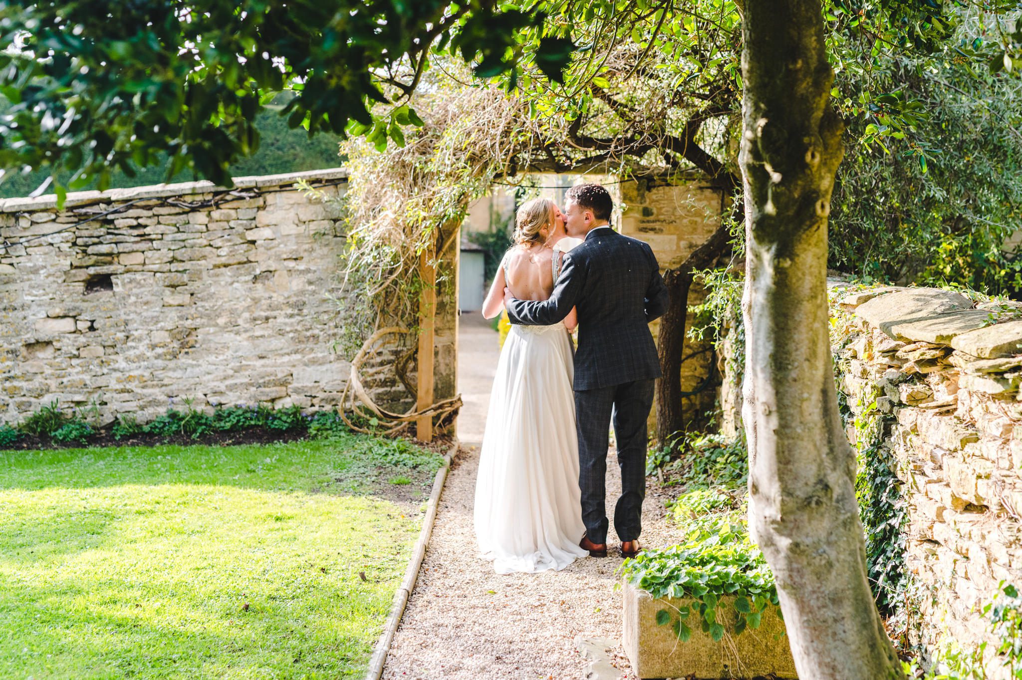 Bride and groom hugging after their wedding ceremony