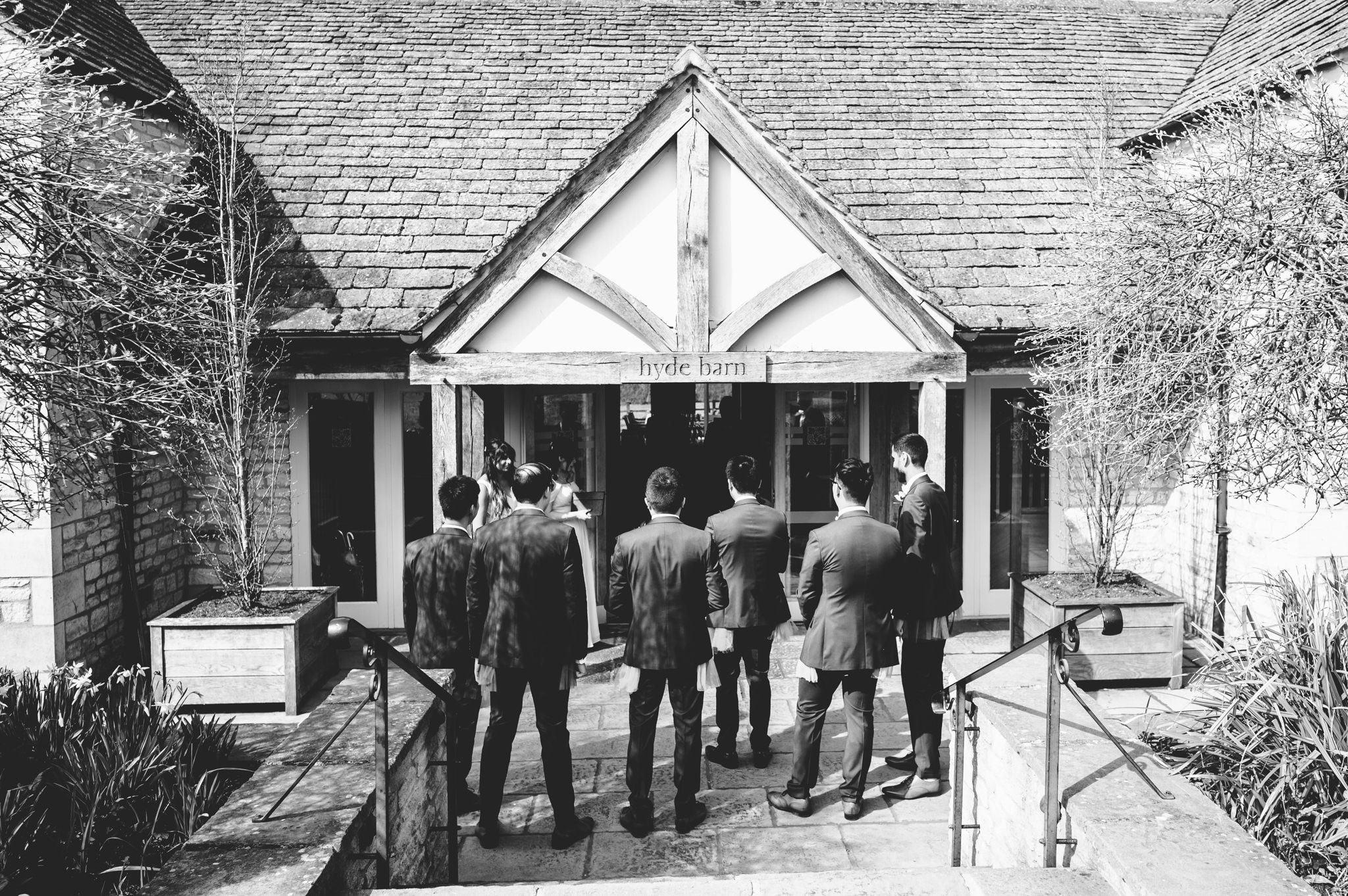 A black and white images of the front of hyde barn