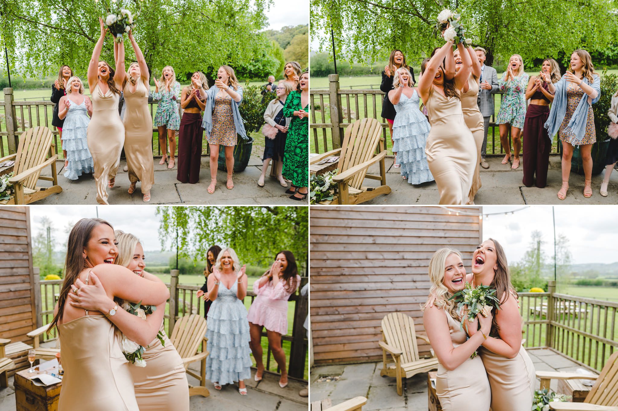 Brides bouquet throw at Hyde House wedding in The Cotswolds