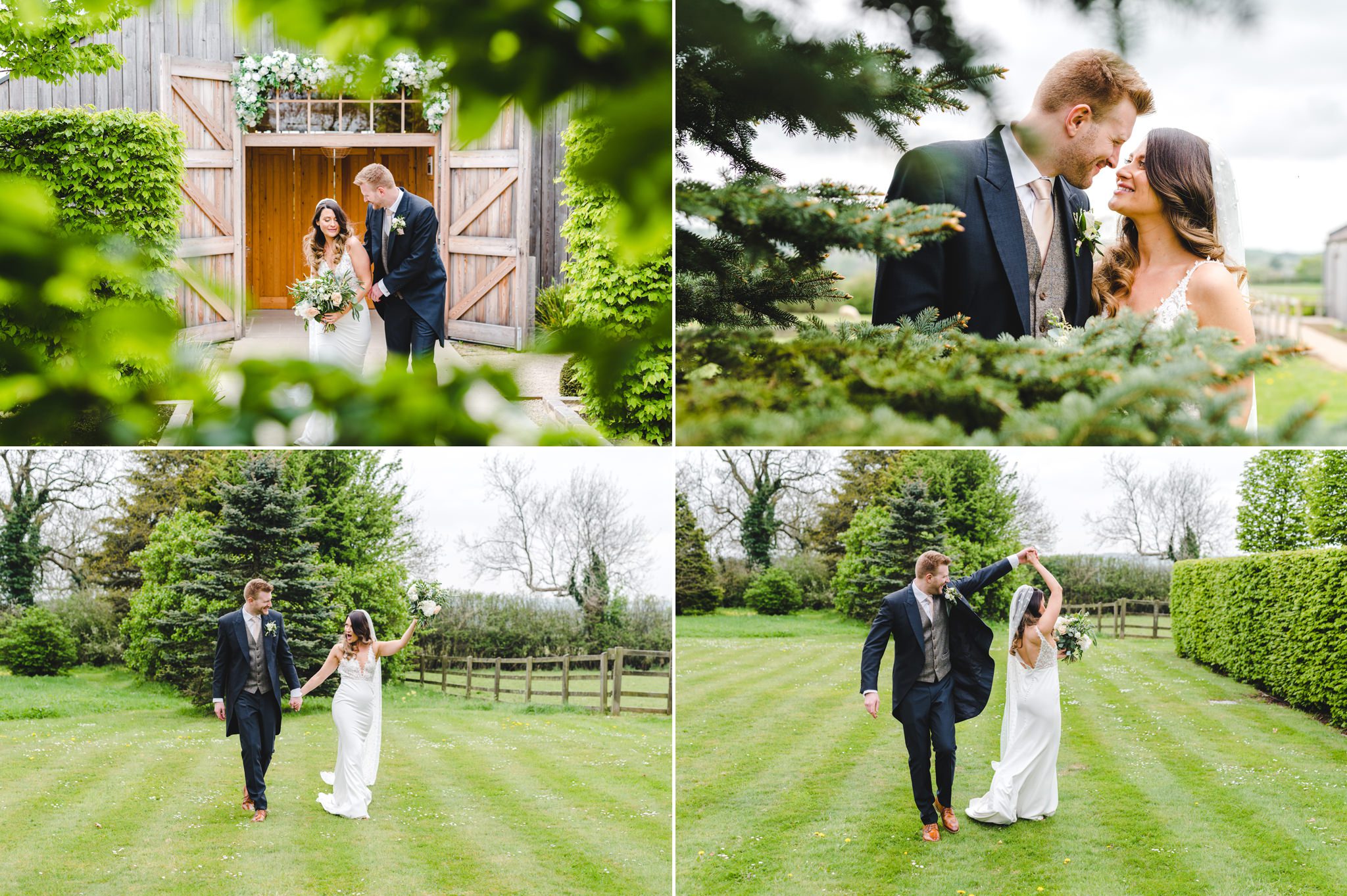A bride and groom having fun during their photographs at their wedding at Hyde House