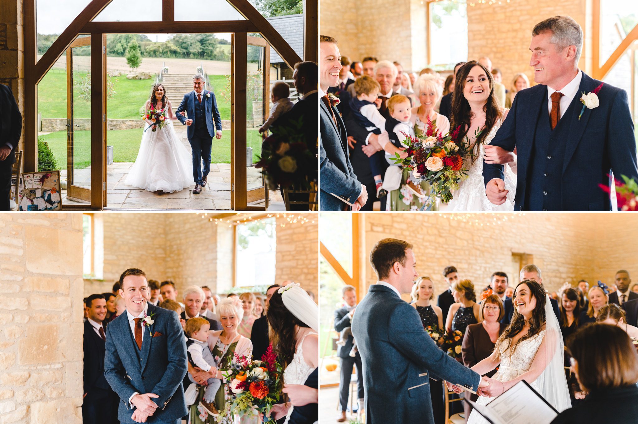 bride walking down the aisle with her father into the upcote barn