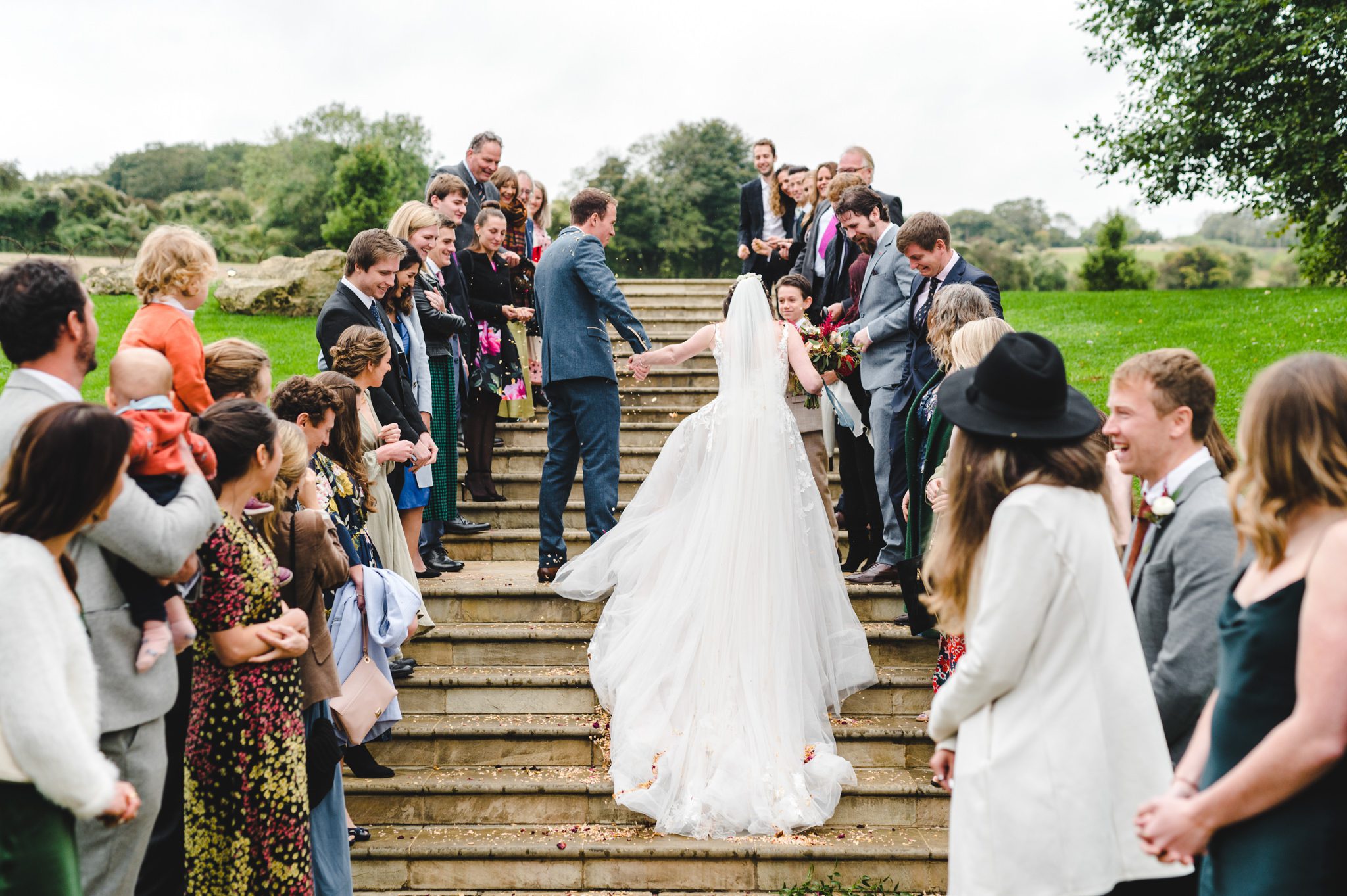 Confetti on the stairs at Upcote Barn