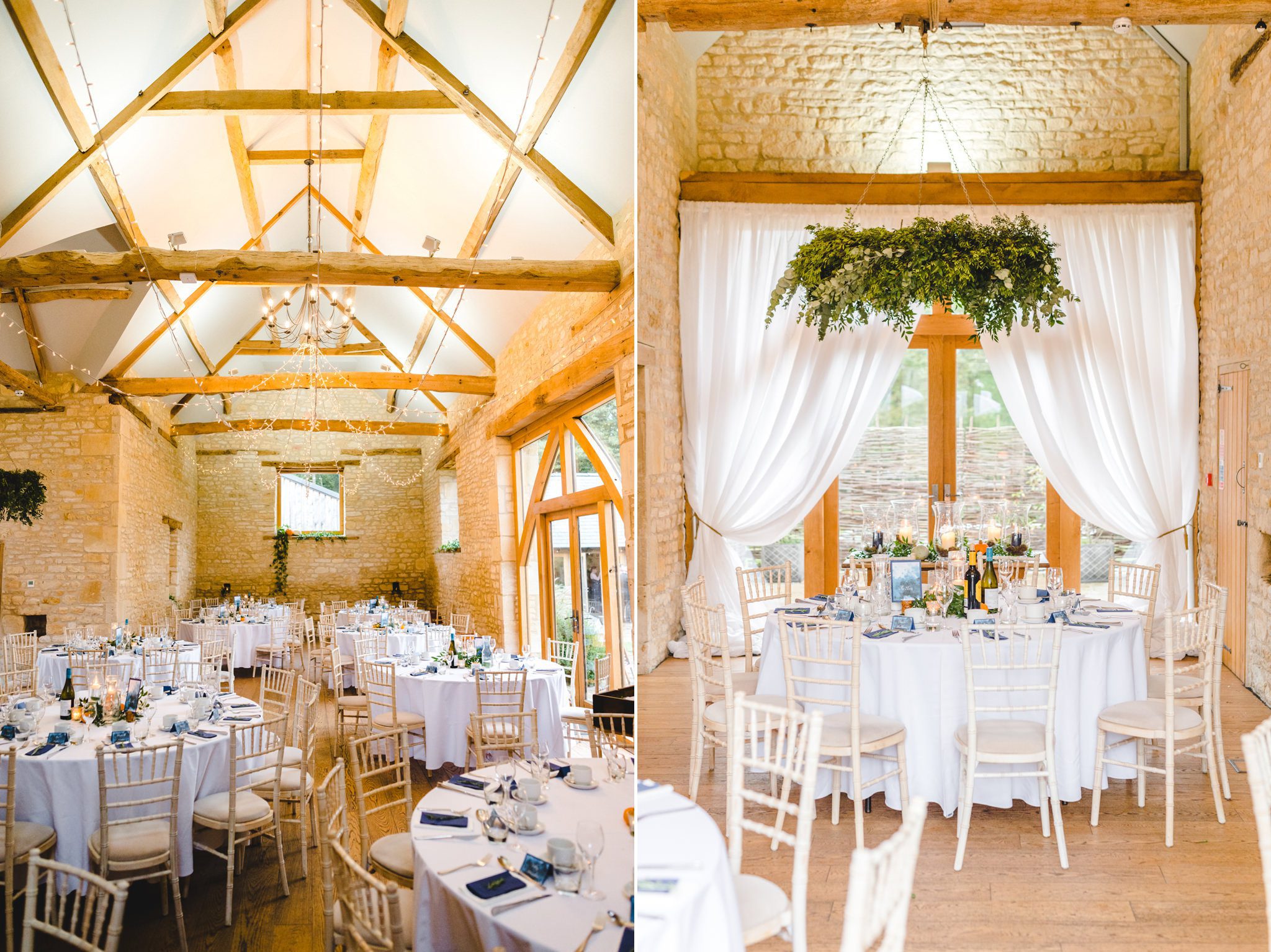 The barn at upcote set up for a wedding breakfast