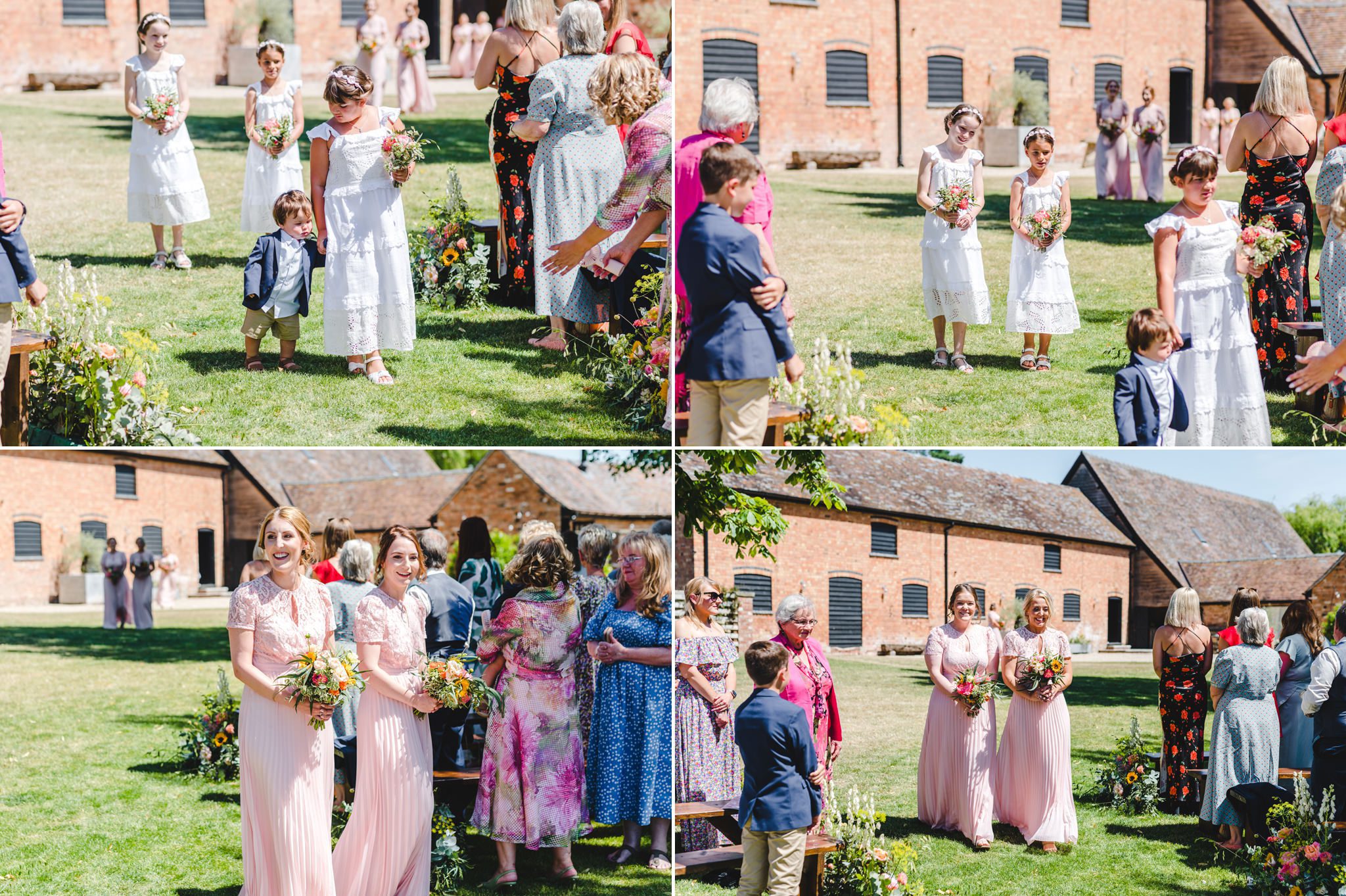Barns and Yard Wedding Photography - Bridesmaids walking to the lakeside wedding ceremony
