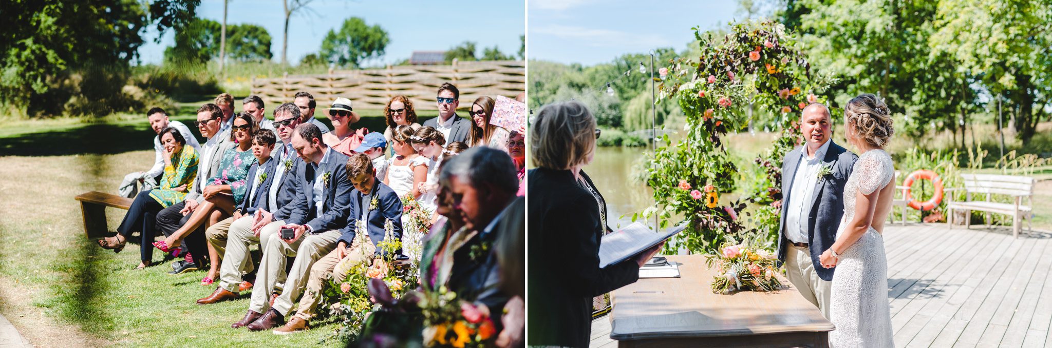 An outdoor lakeside wedding ceremony