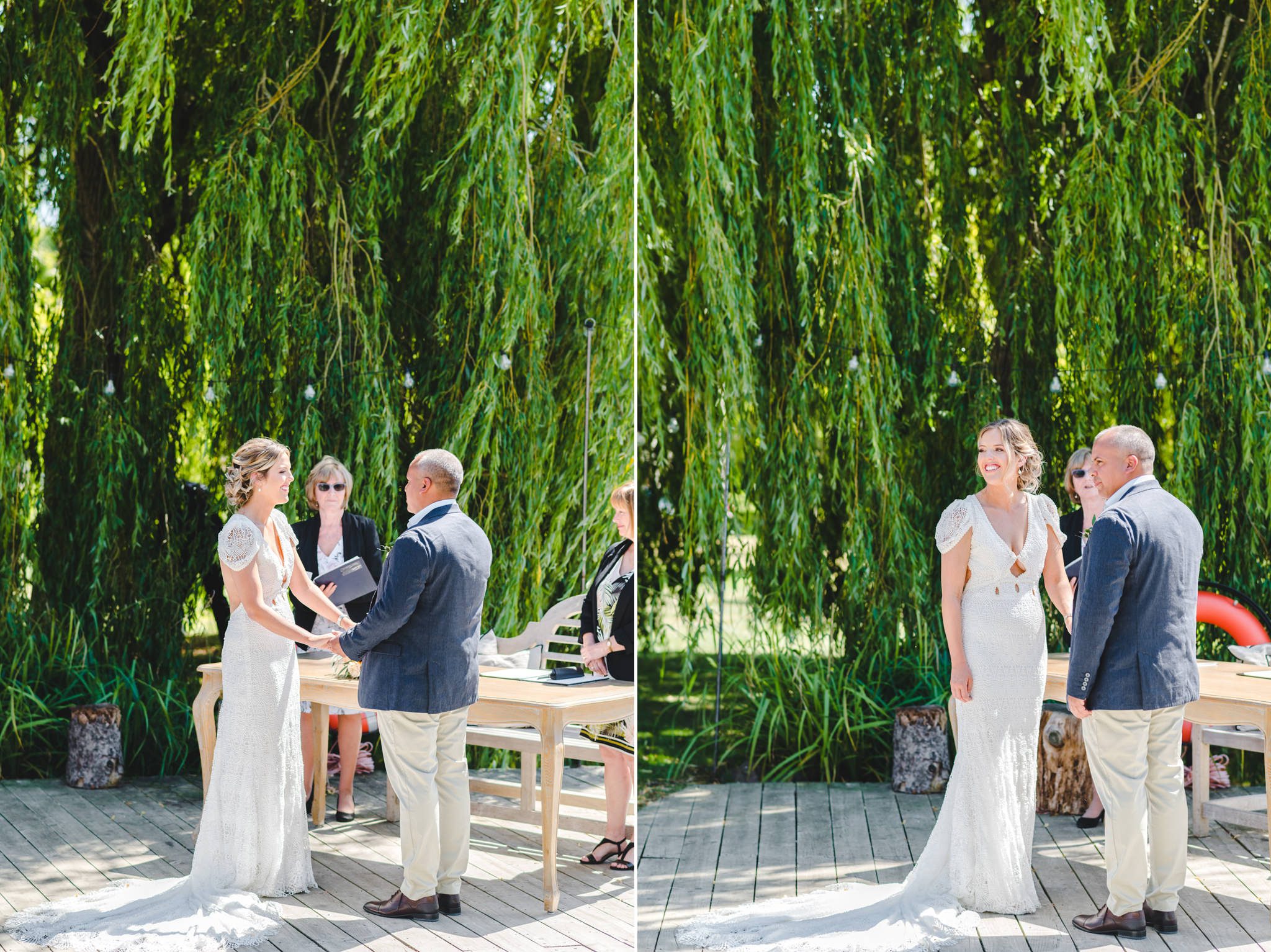 A couple standing by the lake at their Barns and Yard Worcestershire wedding venue