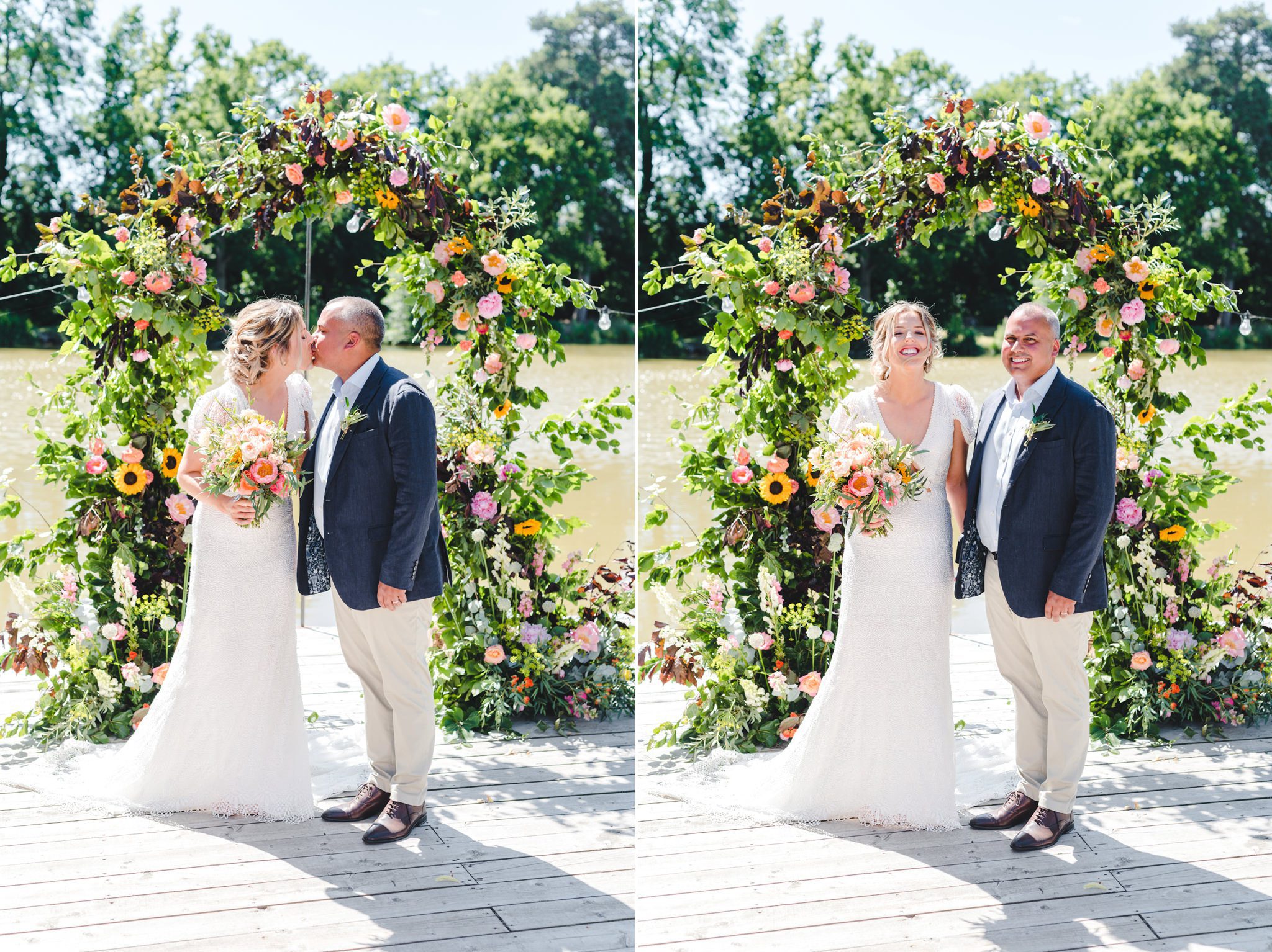 A couple standing by a flower arch at their Barns and Yard wedding day