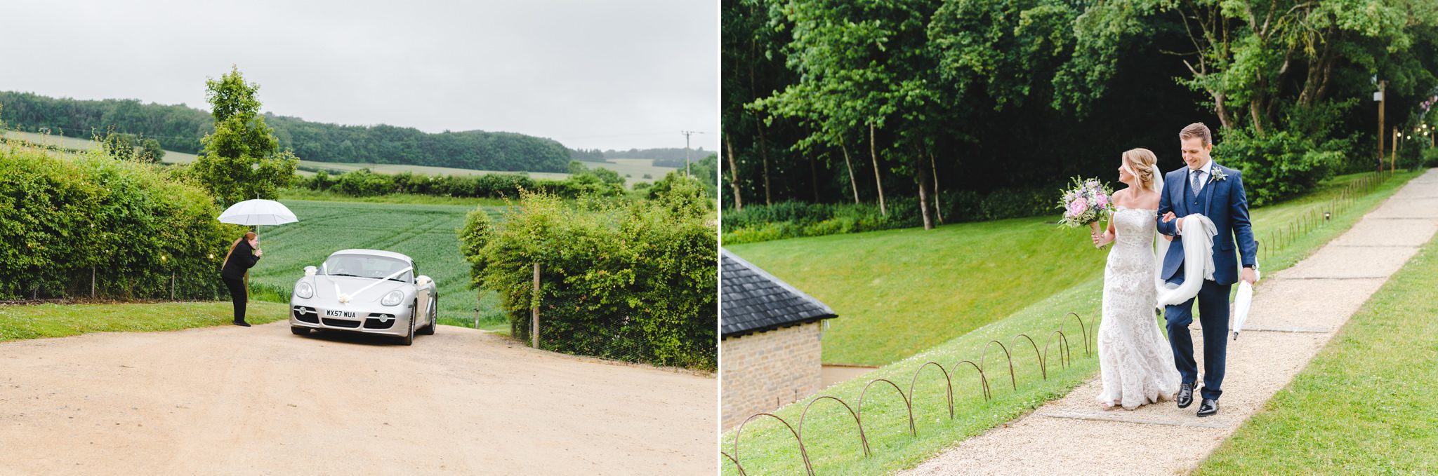 A bride and groom arriving at The Barn at Upcote in The Cotswolds