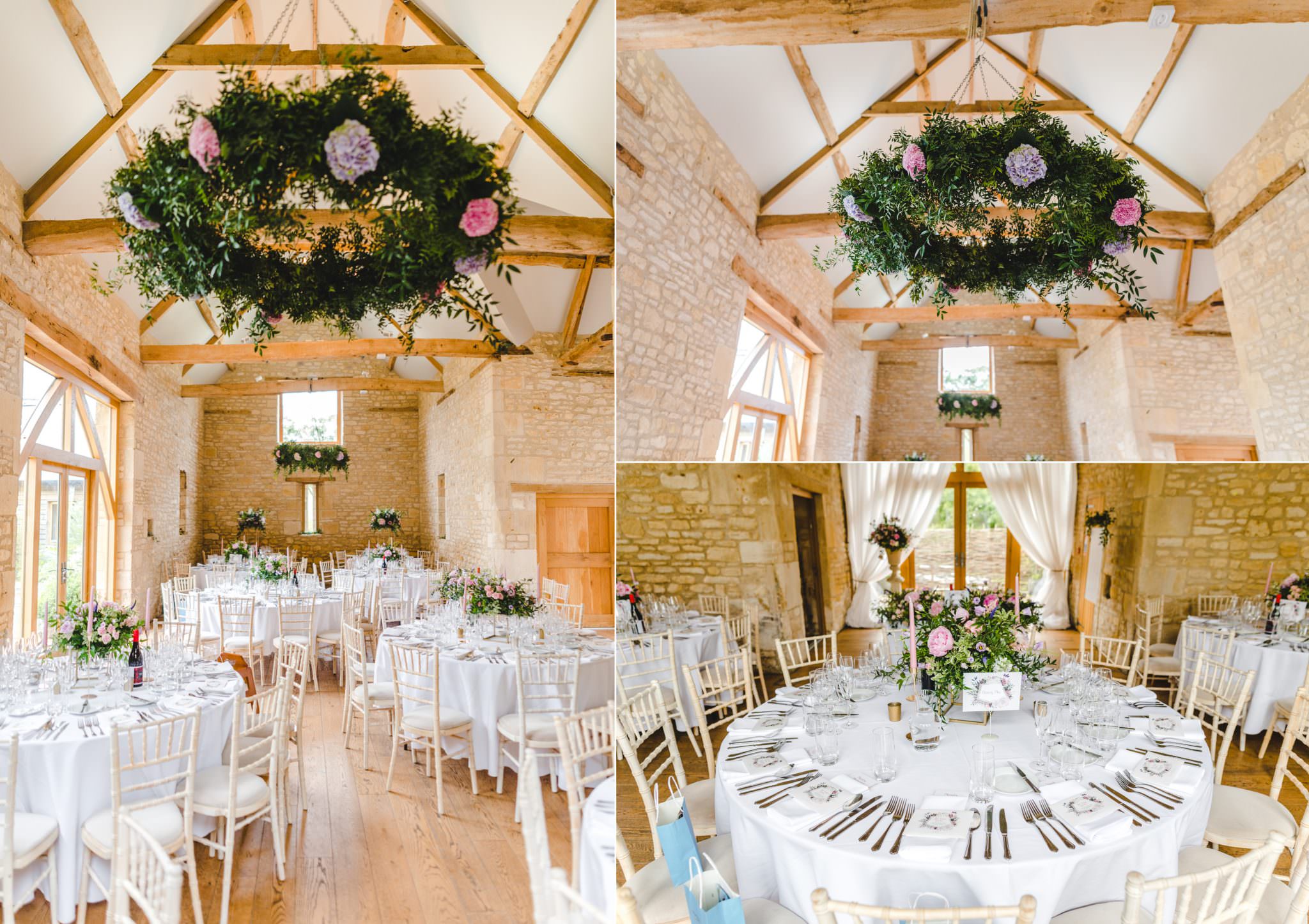 Wedding breakfast set up at Upcote Barn ready for dinner