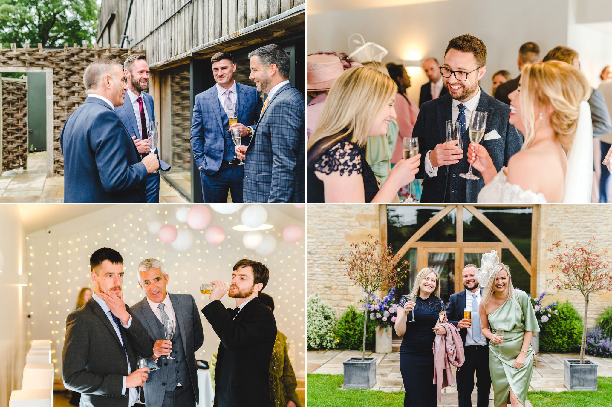 Guests gathering for a drinks reception in the courtyard at The Barn at Upcote