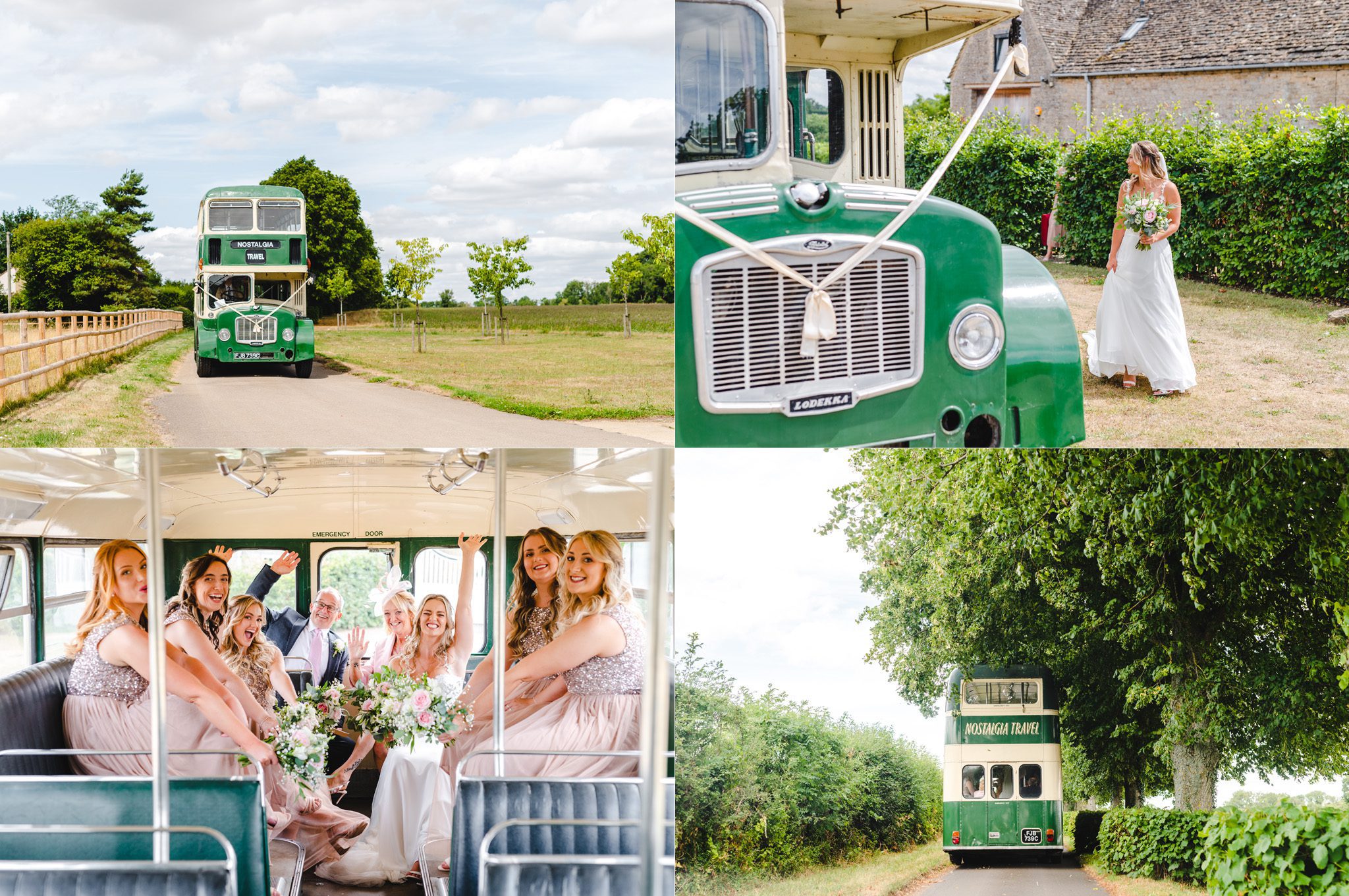 Big green Lodekka bus taking the bridemaids to the wedding