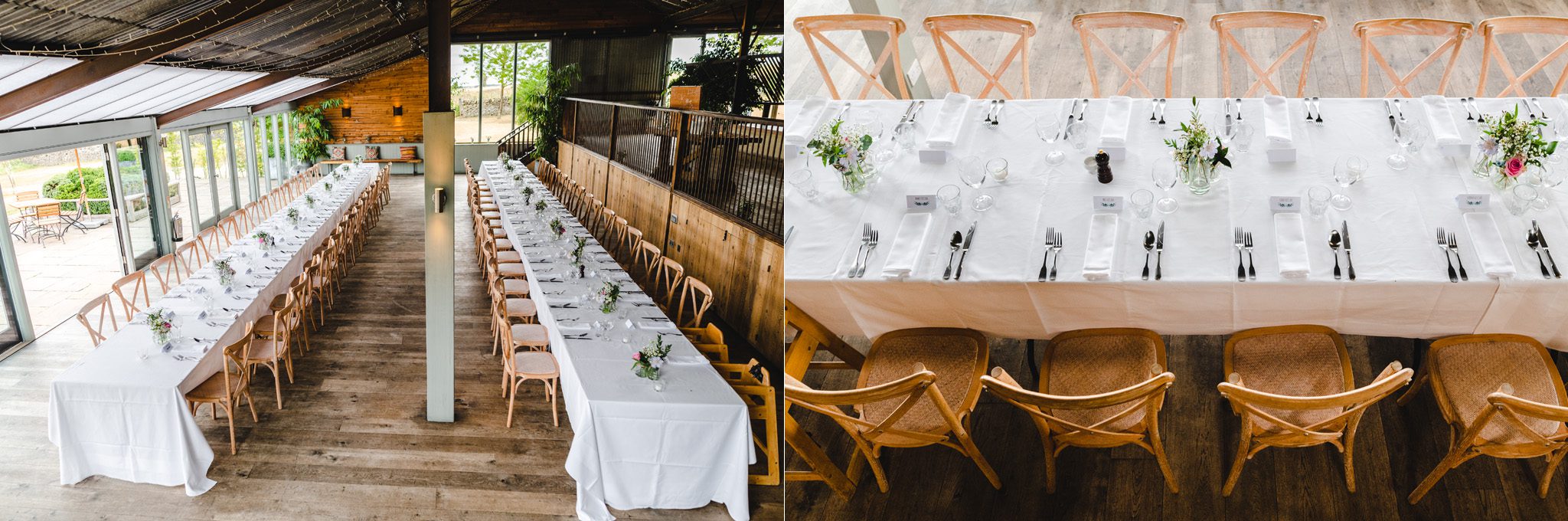 Wedding breakfast room set up at Stone Barn in Gloucestershire