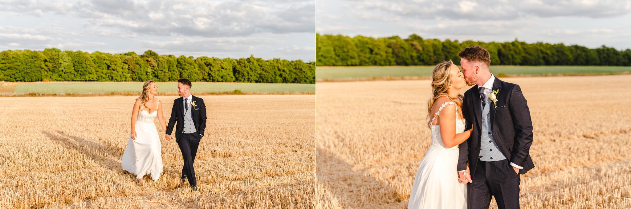 Bride and Groom walking in a cornfield during the golden hour