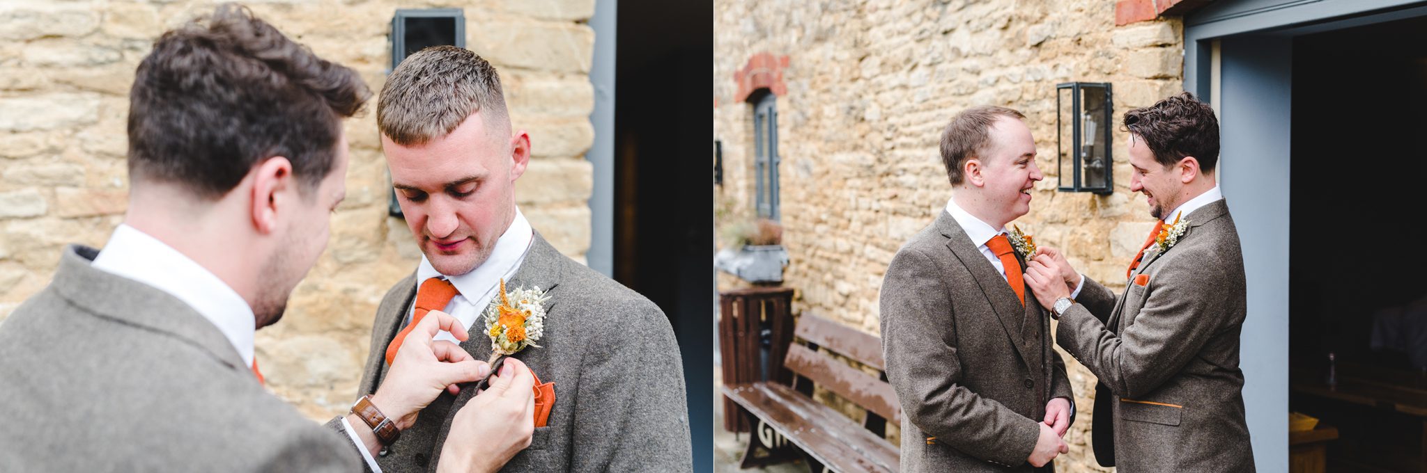 groomsmen attaching buttonholes in Tetbury