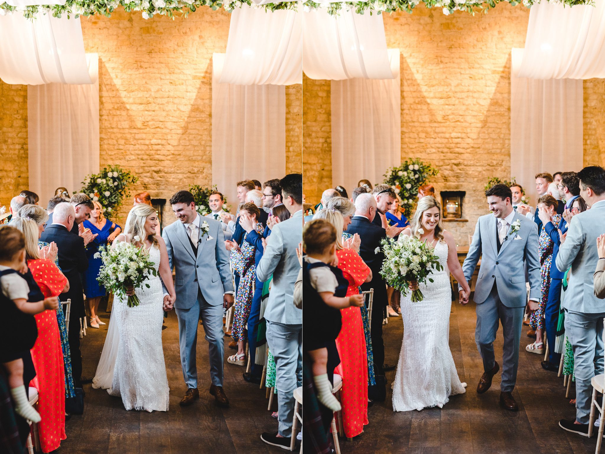 a couple walking back down the aisle