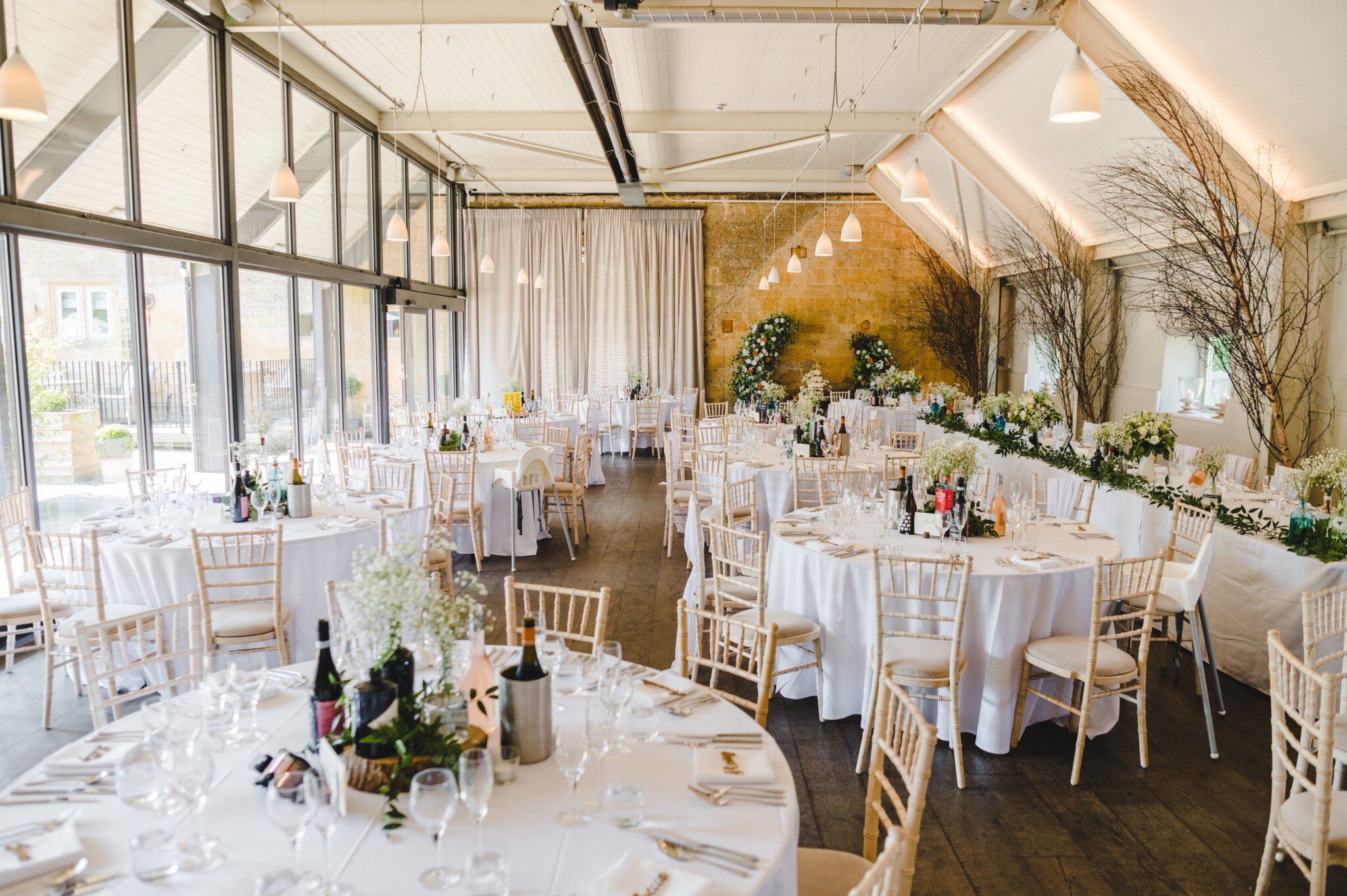 Wedding breakfast set up at Lapstone Barn in the Cotswolds