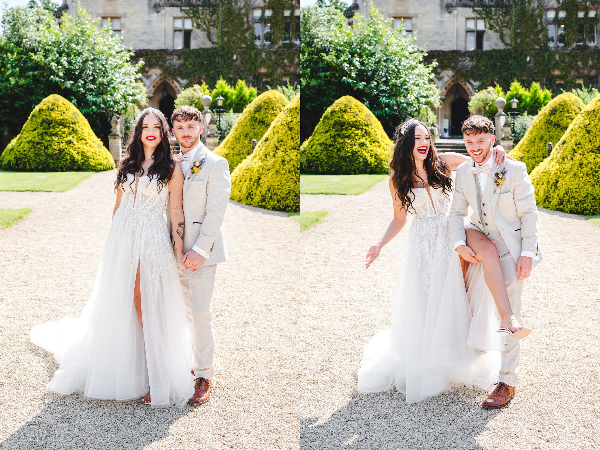 A couple stood together on a driveway in their wedding clothes