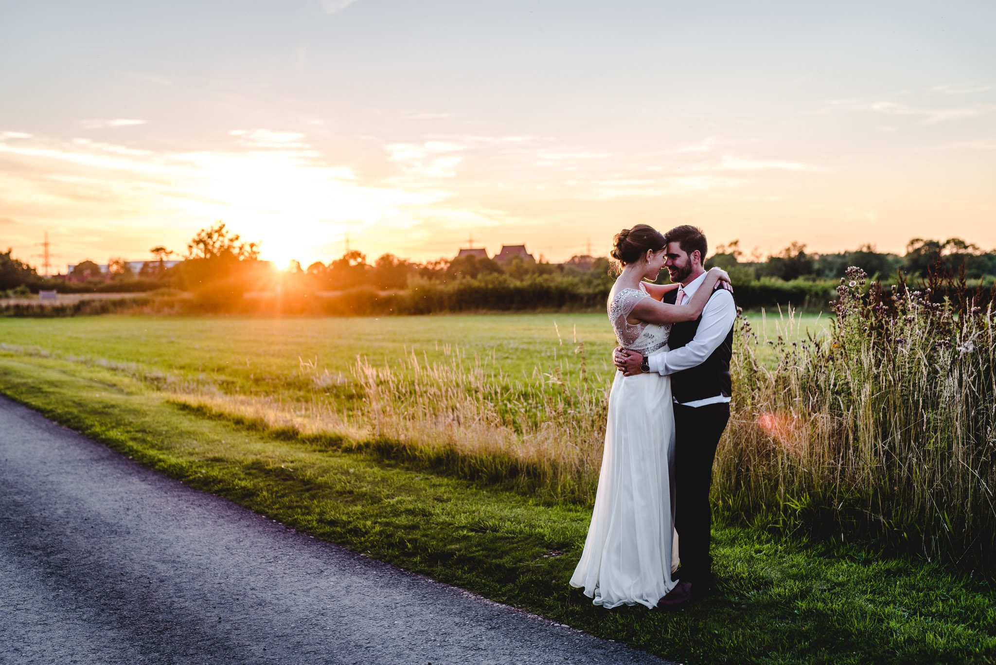 A bride and groom at golden hour