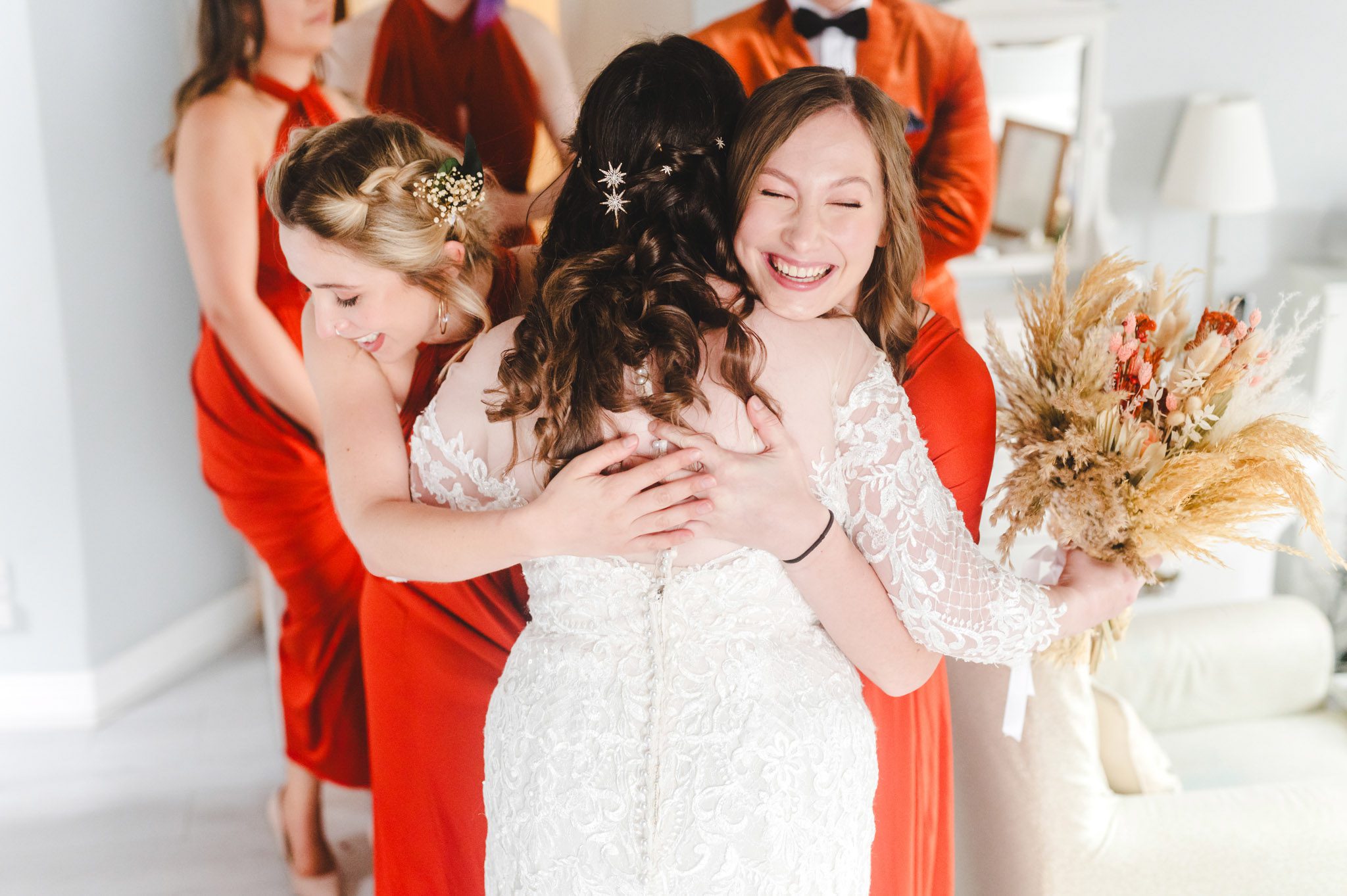 bridesmaids getting ready for a wedding at Owlpen Manor